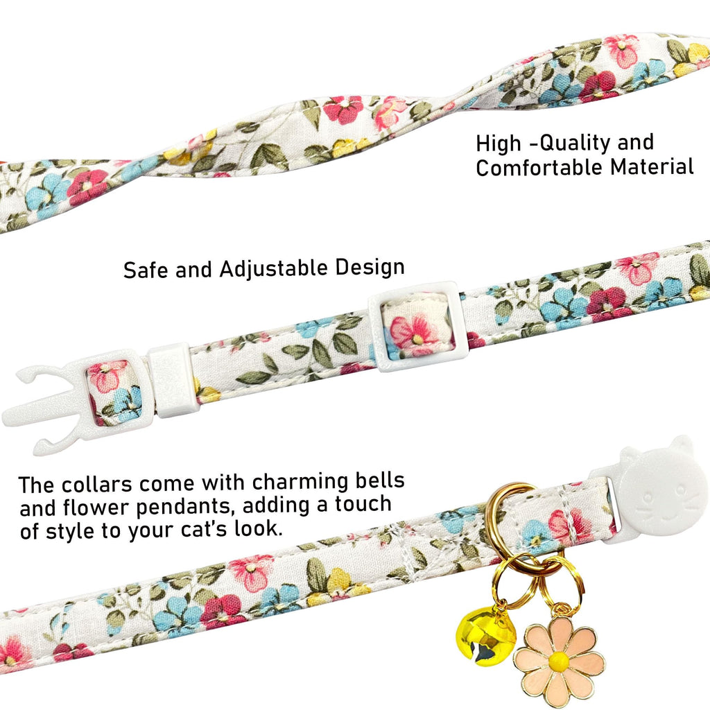 2 Pack Cotton Breakaway Cat Collars Set with Bell and Flower Pendant, Cute Floral Fruit Patterned, Adjustable 7.5-11Inch, Include A Mouse Toy Gift (Vintage+ Small Pink Flower)