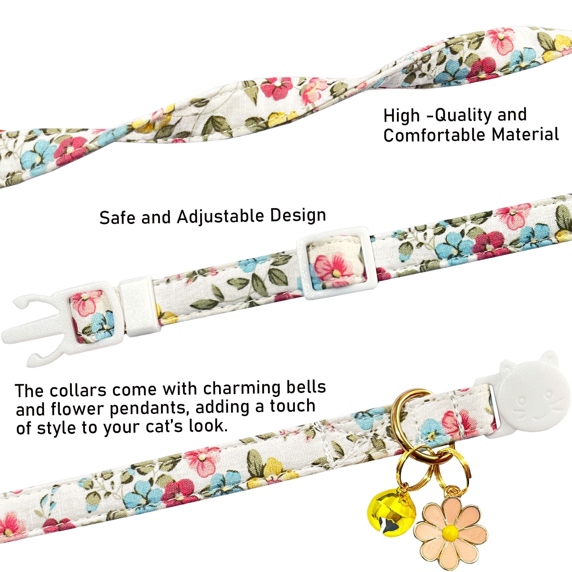 2 Pack Cotton Breakaway Cat Collars Set with Bell and Flower Pendant, Cute Floral Fruit Patterned, Adjustable 7.5-11Inch, Include A Mouse Toy Gift (Vintage+ Small Pink Flower)