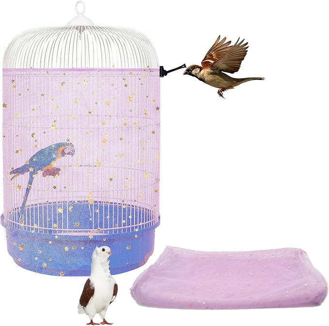 LYMOI Bird Cage Seed Catcher, 45-90'' Adjustable Bird Cage Cover, Universal Nylon Bird Cage Mesh Net, Bird Cage Skirt Guard Accessories for Parrot Parakeet Macaw Round Square Cage (Pink)