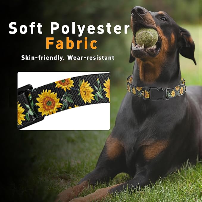 Seyezo Dog Collar for Boys Girls, Sunflower Puppy Collar for Small Medium Large Dogs, Adjustable Soft Floral Pet Collar with Safety Buckle for Male Females(Black Sunflower,M)