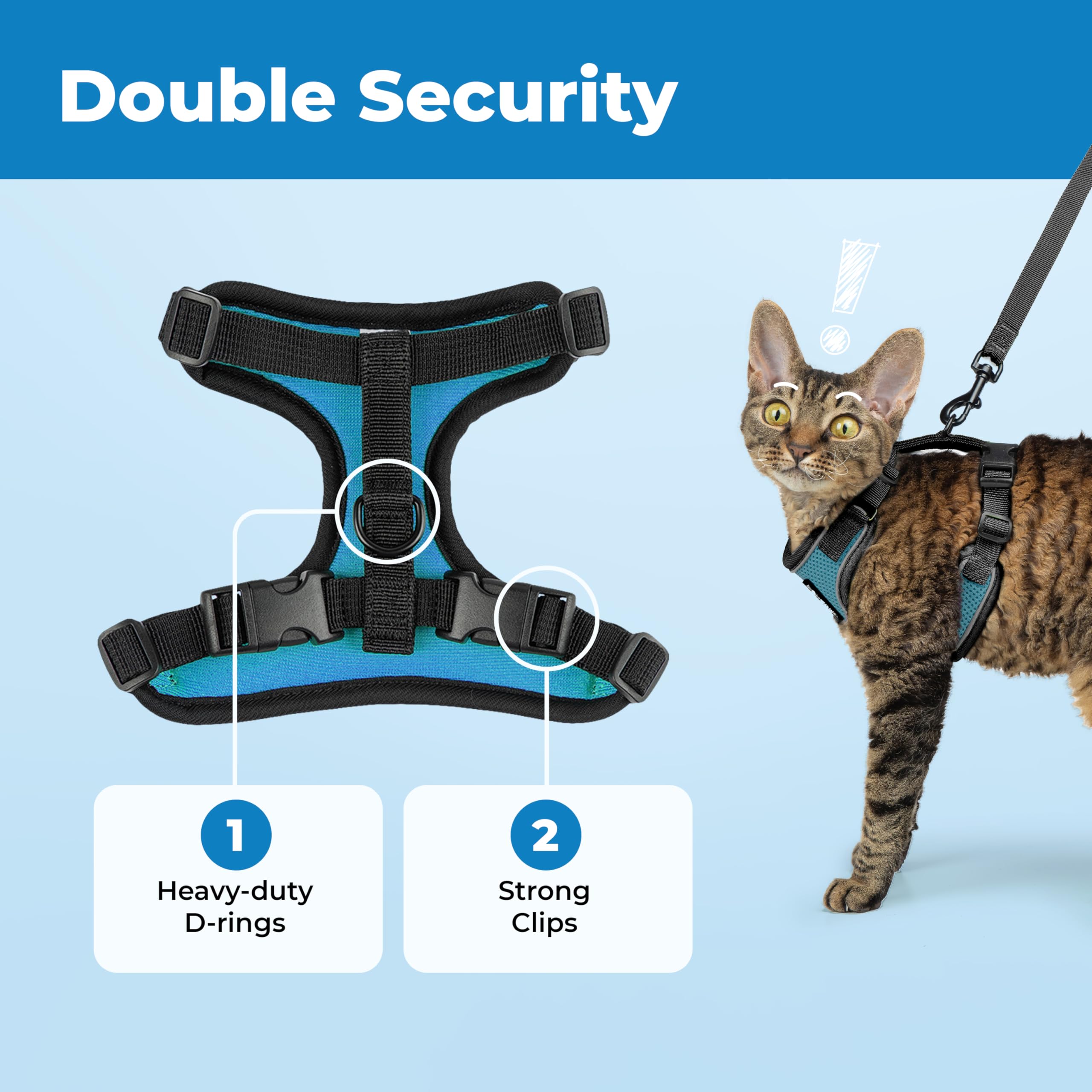 Voyager Escape-Proof Step-in Lock Cat Harness & 5ft Neoprene-Handle Leash Set All-Weather Mesh with Reflective Stitching for Small to Large Cats by Best Pet Supplies, Black Trim-Turquoise (327), XS