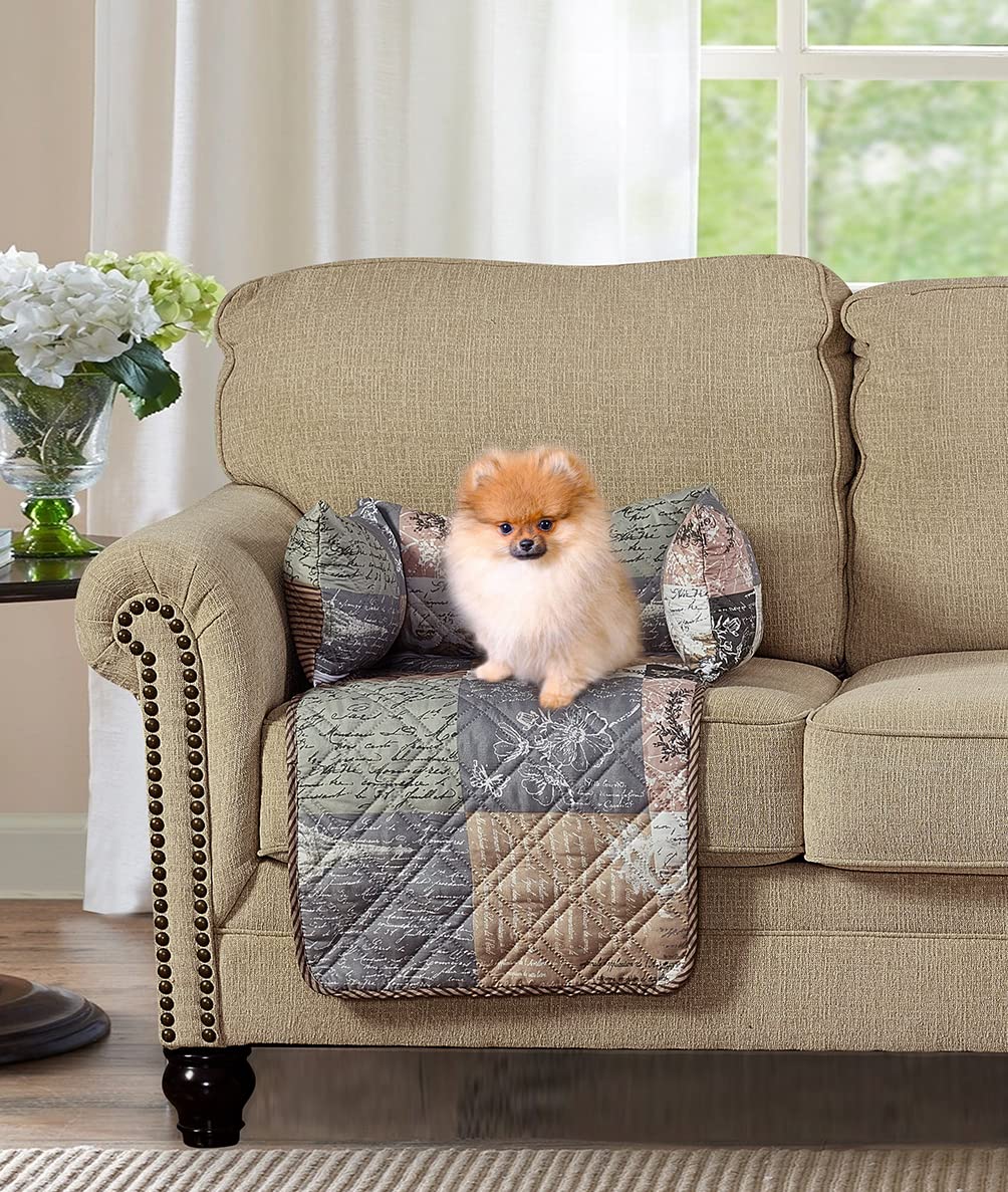 Brilliant Sunshine Latte Grey Paris and Toile Floral Patchwork Pet Sofa Bed, Quilted, Slip Resistant, Washable Couch Protector with Bolster Cushions, Furniture Cover for Dogs, Cats, Small, Latte Grey