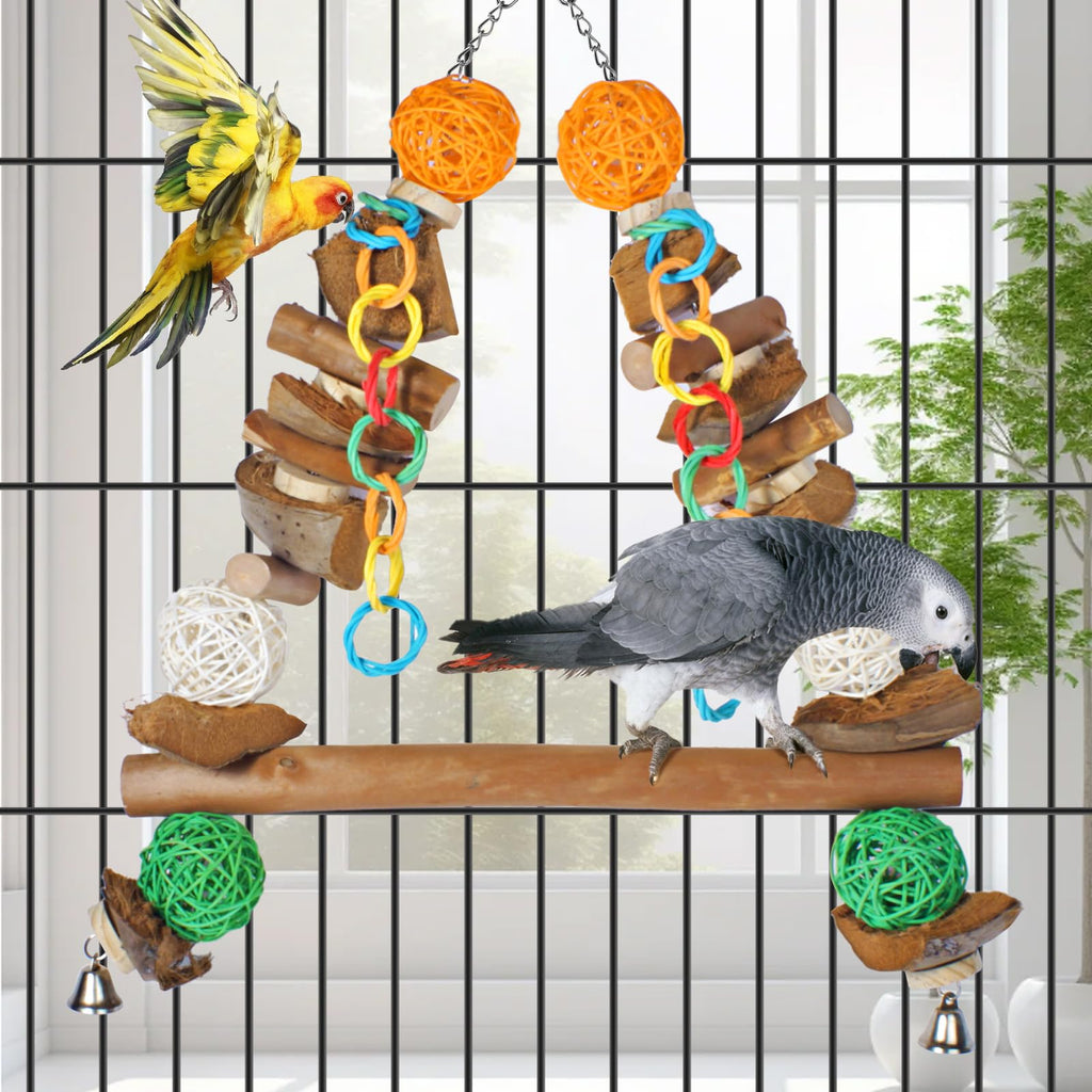 unimaxlink 3-in-1 Parrot Toys Natural Coconut Fiber Parrot Hammock (Swing + Perch + Chew Toy) Natural Bird Perches for Medium Large Birds - 23" Bird Toys for Parrots Stand