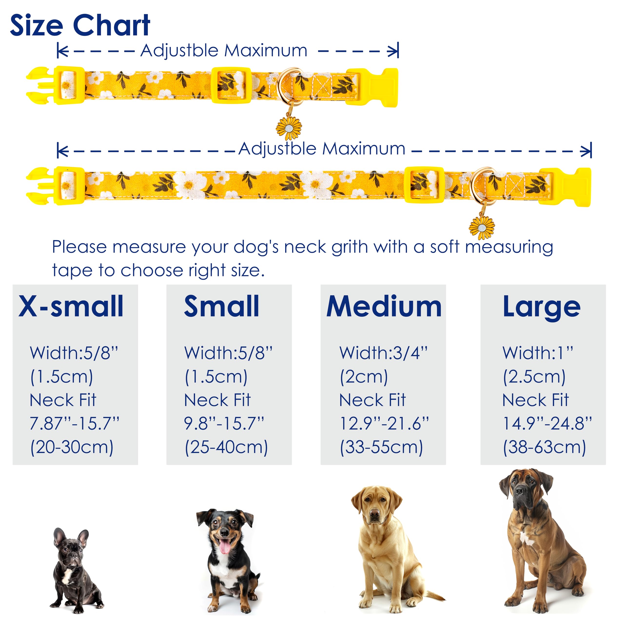 Raisingwell Cotton Dog Collar Yellow Flower Pattern for Boys and Girls Cute Dog Collars Summer Fall Gift Adjustable for Medium to X-Large Breed Dogs (L)
