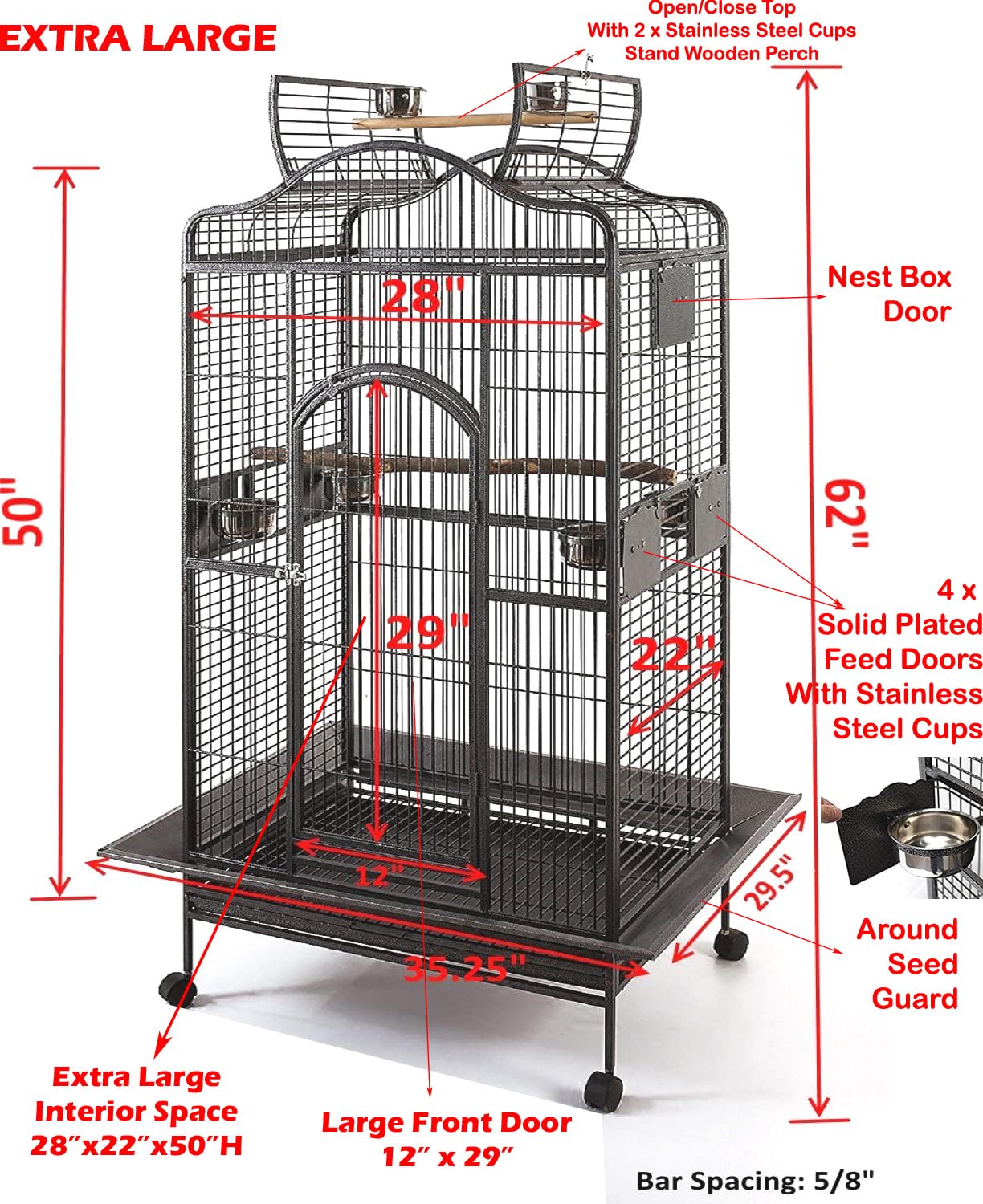 2 Color, Extra Large Wrought Iron Dome Top for Macaw Goffin's Cockatoo Cockatiels African Grey Amazon Parrots Green Cheek Conures Caique Bird Cage with Rolling Stand (Black-Vein)