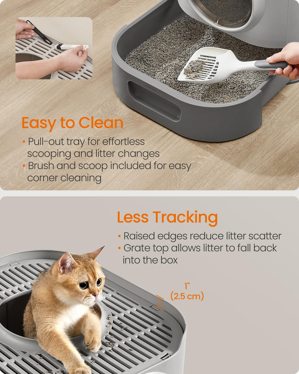 Feandrea Cat Litter Box with Lid, XL Enclosed Litter Box with Slide-Out Tray, Scoop, Brush, Anti-Tracking, for Cats of Different Sizes, Dove Gray and Slat Gray UPPT002B01