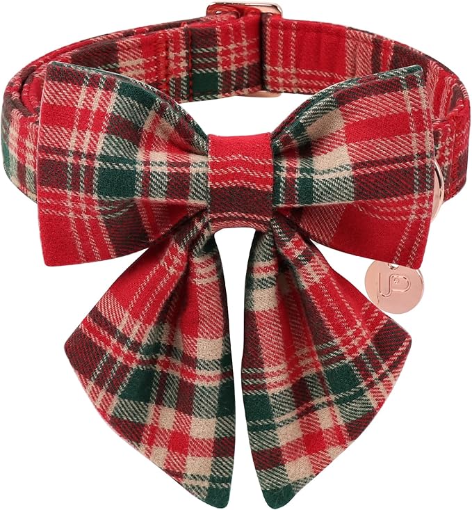 UP URARA PUP Christmas Plaid Dog Collar with Bow Tie– Adjustable Red & Green Checkered Dog Collar for Small Medium Large Dogs, Soft Xmas Plaid Puppy Collars with Quick Release Buckle S