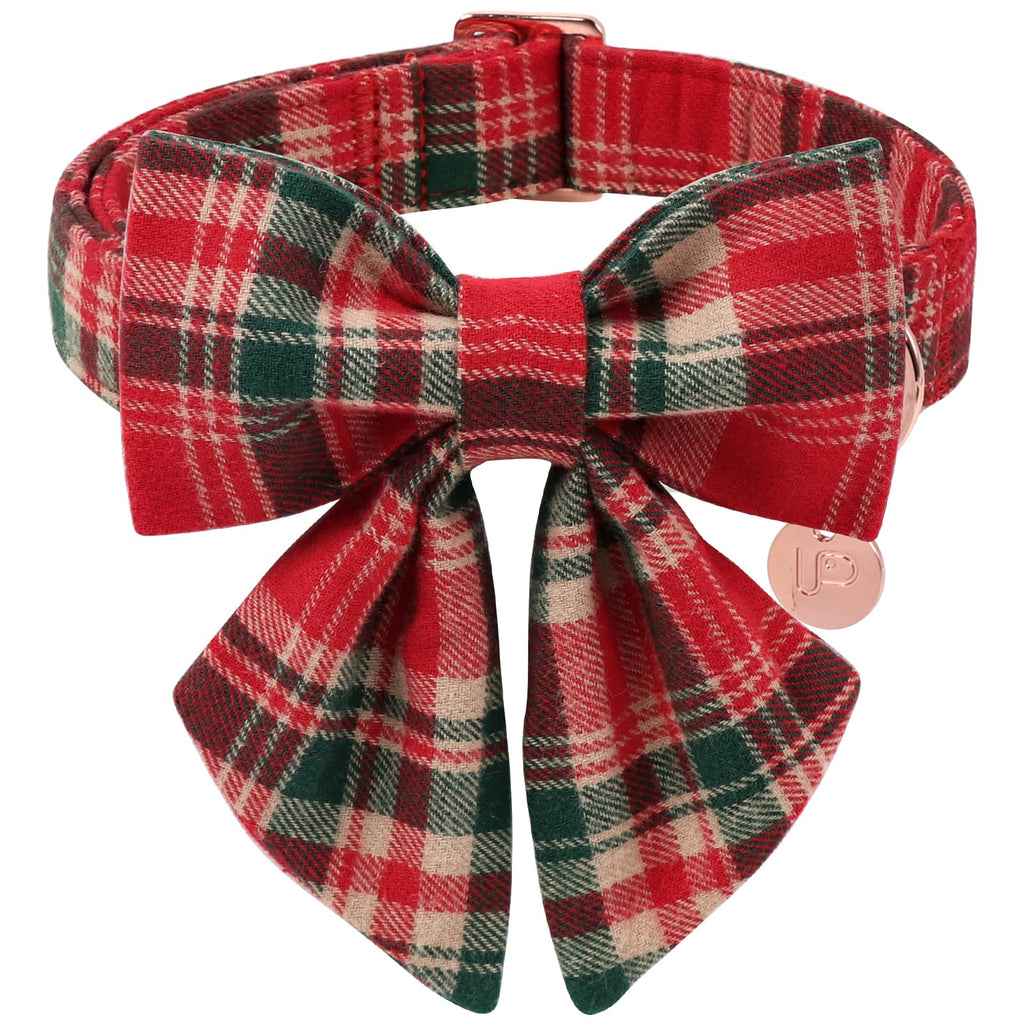 UP URARA PUP Christmas Plaid Dog Collar with Bow Tie– Adjustable Red & Green Checkered Dog Collar for Small Medium Large Dogs, Soft Xmas Plaid Puppy Collars with Quick Release Buckle XL