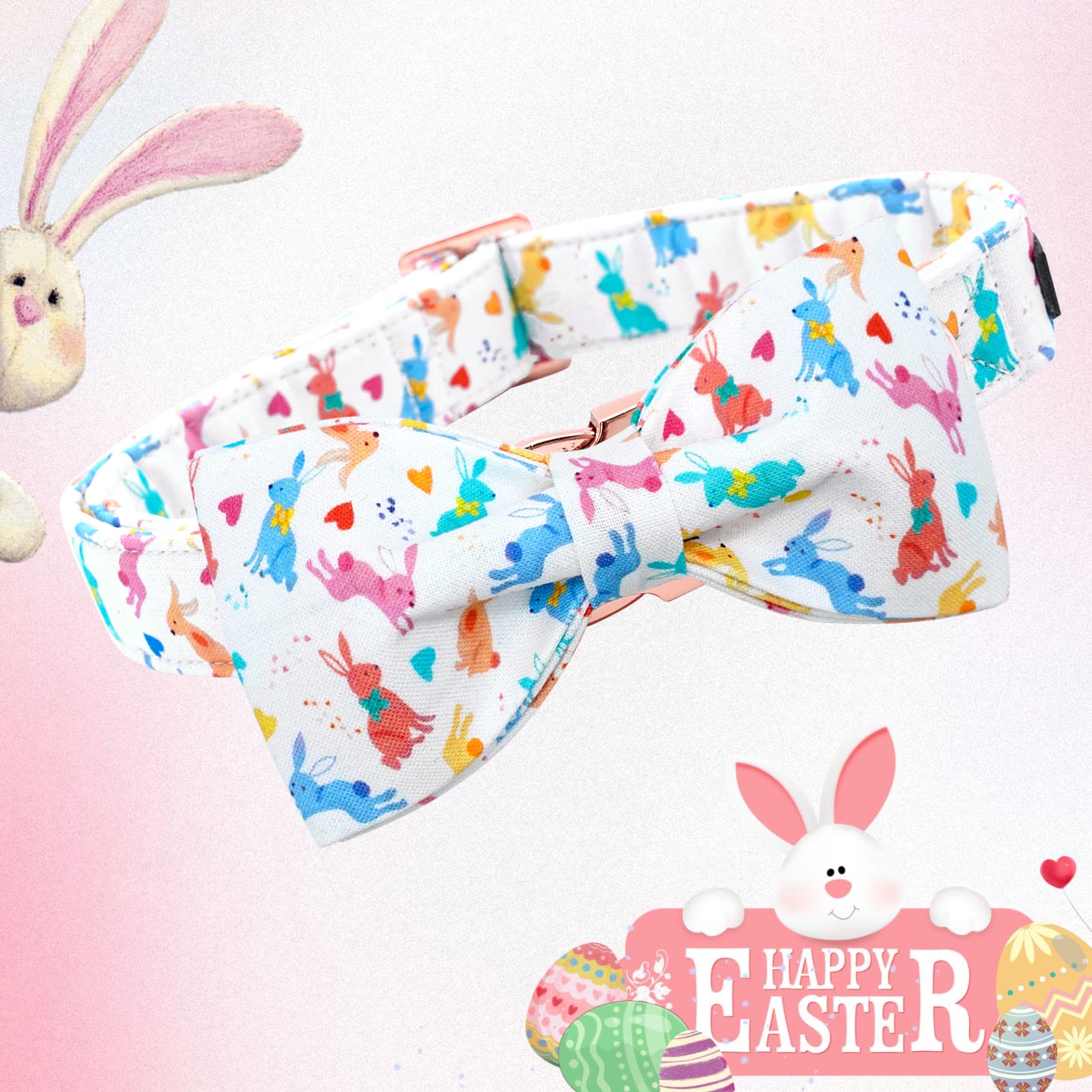 Lionheart glory Easter Dog Collar with Bow Tie Rabbit Print Dog Collar Girl or Boy Soft Durable Adjustable Puppy Gift Collar Bows Spring Collar Dog Bow