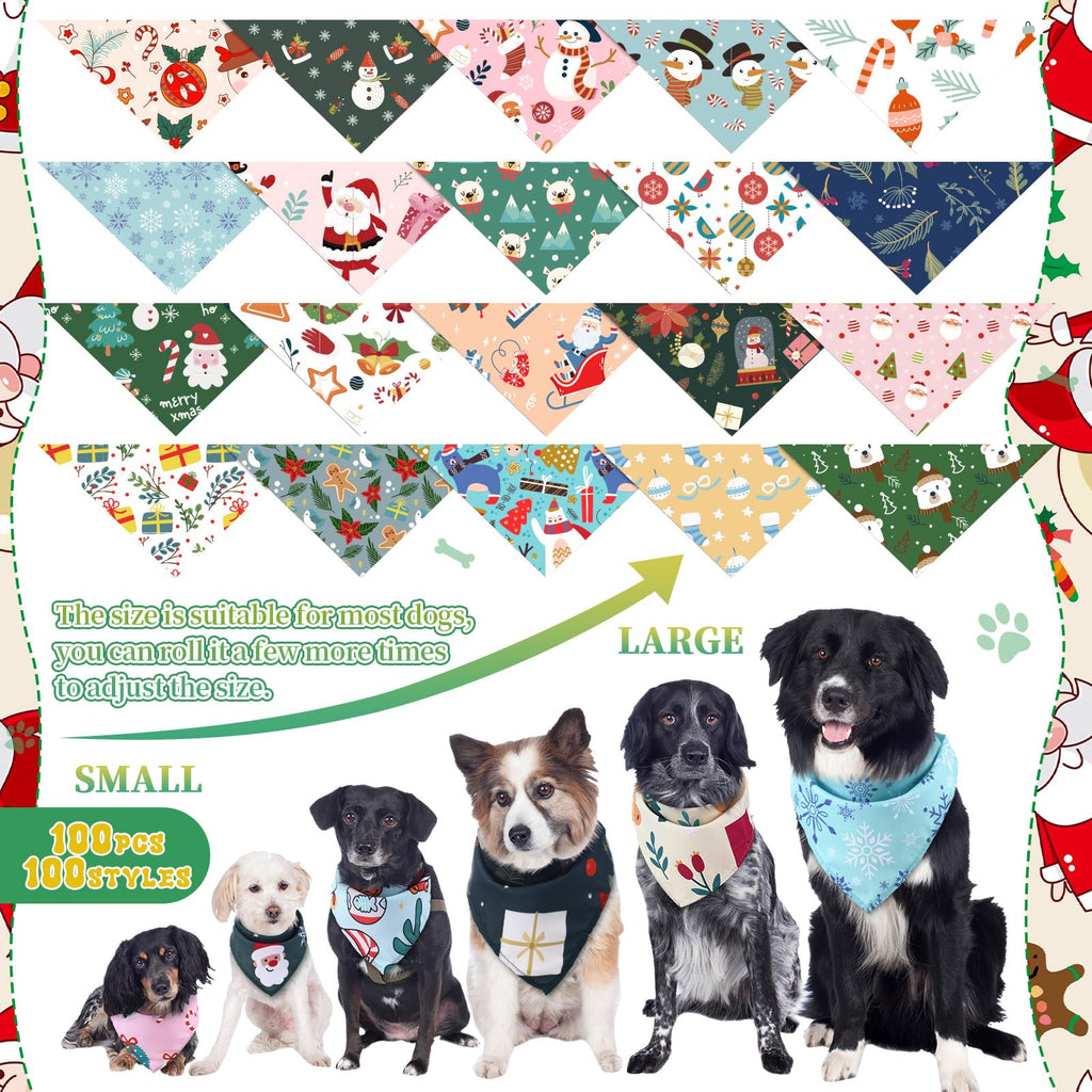 Huhumy 100 Pcs Christmas Dog Bandanas Bulk Pet Bibs Colorful Triangle Scarf Xmas Pet Bandanas for Medium Large Dogs Christmas Party Xmas Costume Decor