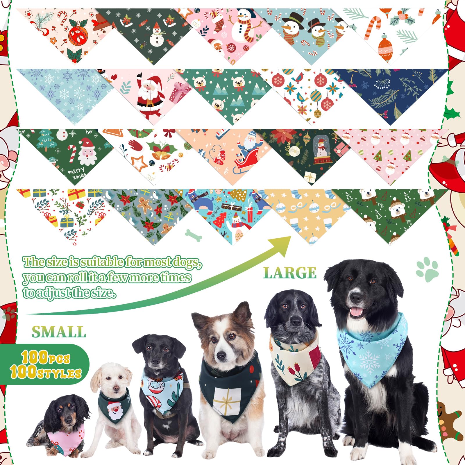 Huhumy 100 Pcs Christmas Dog Bandanas Bulk Pet Bibs Colorful Triangle Scarf Xmas Pet Bandanas for Medium Large Dogs Christmas Party Xmas Costume Decor