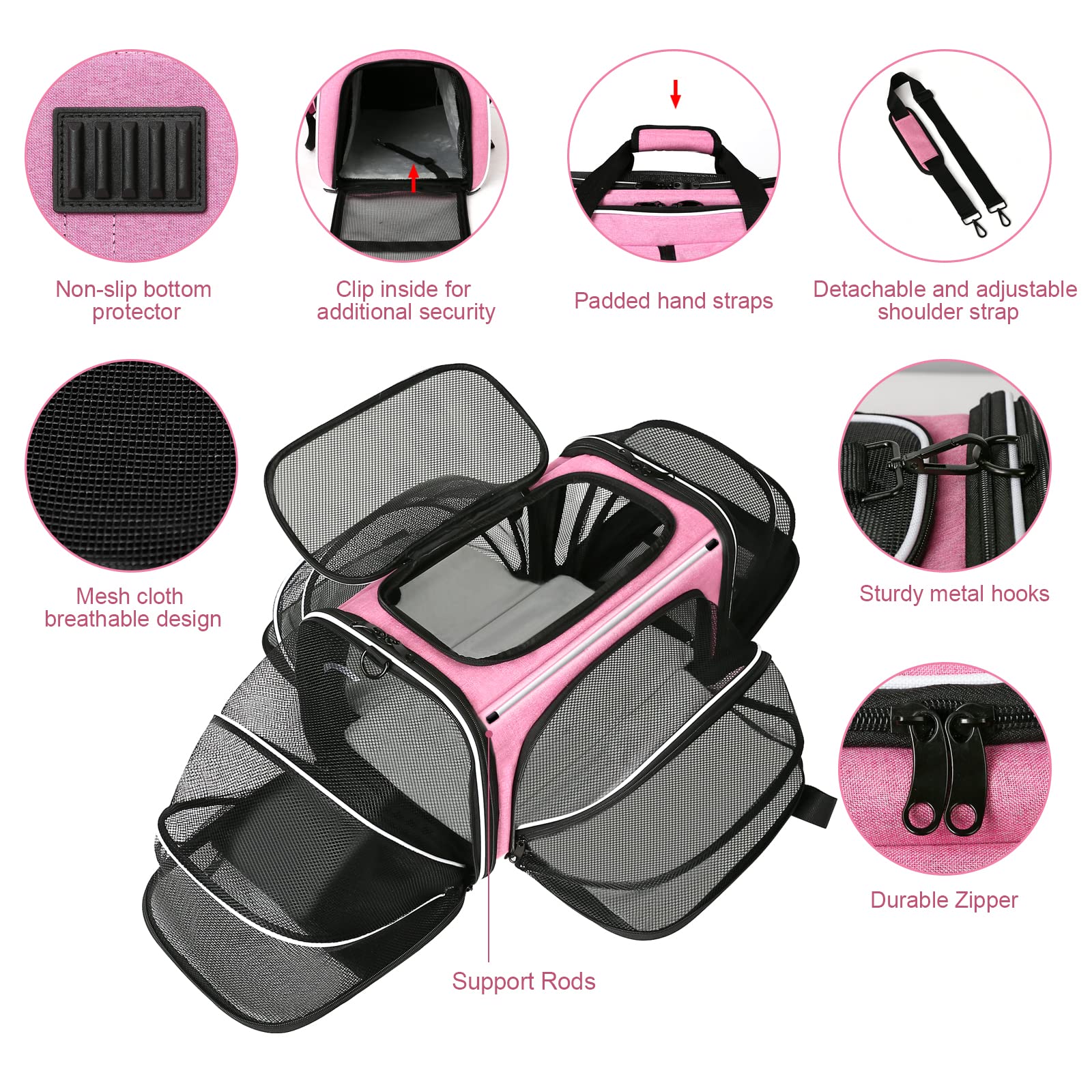 Estarer Soft Sided Pet Carrier Airline Approved, 4 Sides Expandable Collapsible Cat Carrier with Pockets & Removable Fleece Pad, Travel Carrier Bag for Cat Dog & Small Animals (Pink)