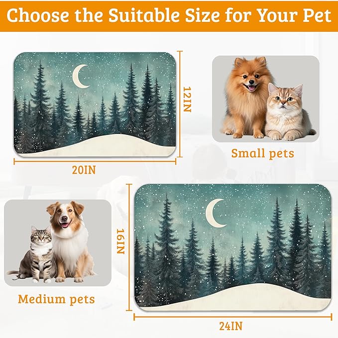 Pet Feeding Mat,Abstract Forest Absorbent Dog Cat Food Mat Moon Dog Mat with Rubber Backing,Non-Slip Water Bowl Placemat,Pet Supplies 16" x 24"