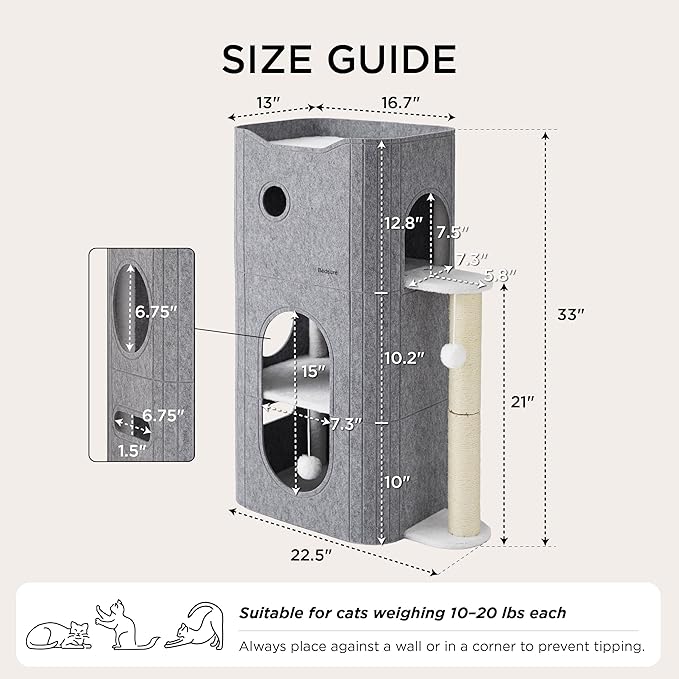 Bedsure 3-Level Cat Tree for Indoor Cats with Scratching Post,Grey