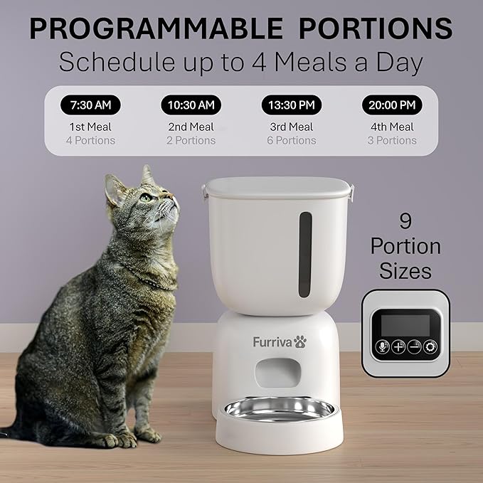 Automatic Cat Feeder and Water Fountain Set, White - 3L Food and Water Dispenser, Locking Lid, Plug-in/Battery Powered, Programmable Portions, 4 Meals/Day, 10s Voice Recorder for Cats and Small Dogs