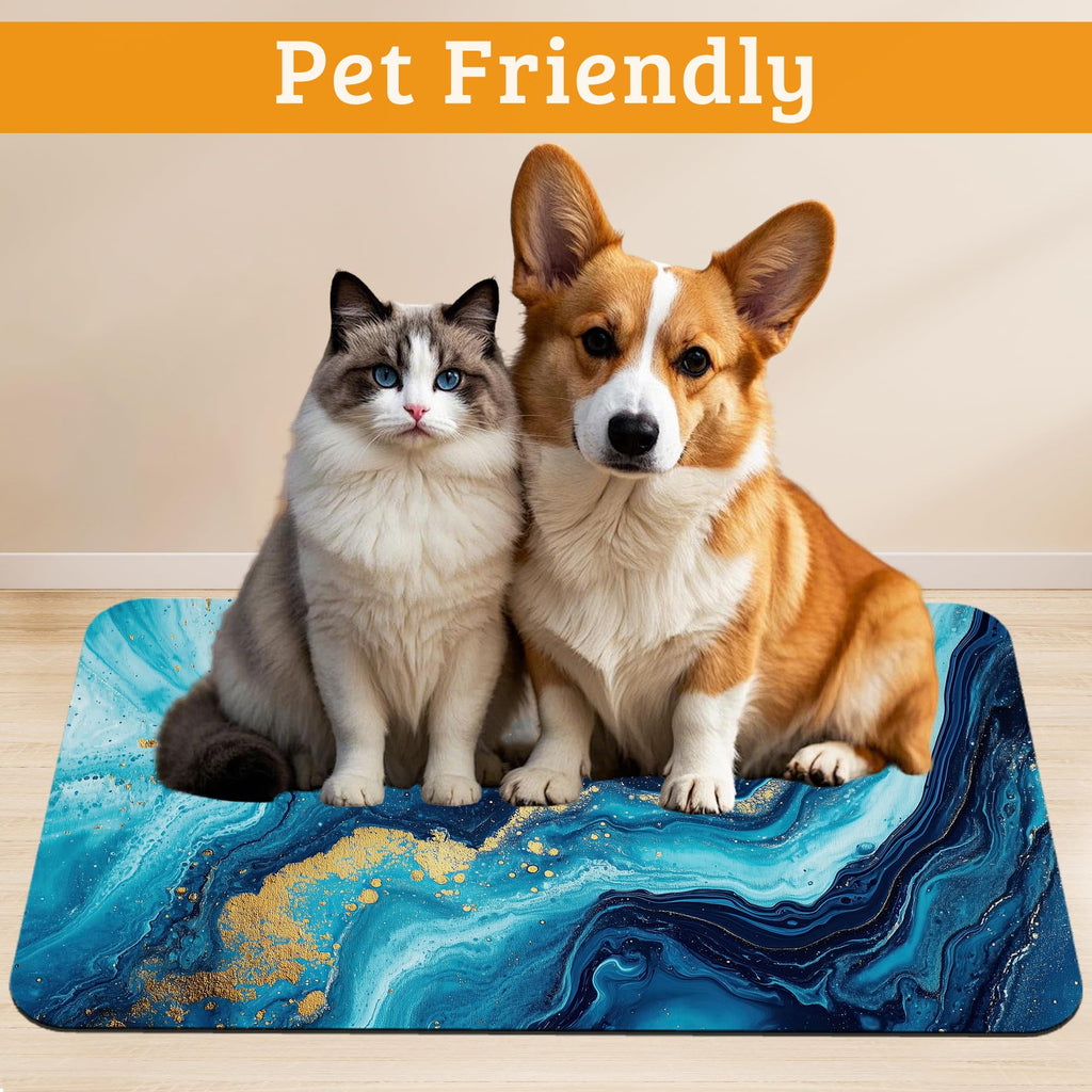 Dog Bowl Mat,Blue Gold Marble Pet Feeding Mat for Floors Waterproof,Flowing Absorbent Dogs Placemat for Food and Water Quick Dry Pet Cat Feeding Mats with Non Slip Bottom 12" x 20"