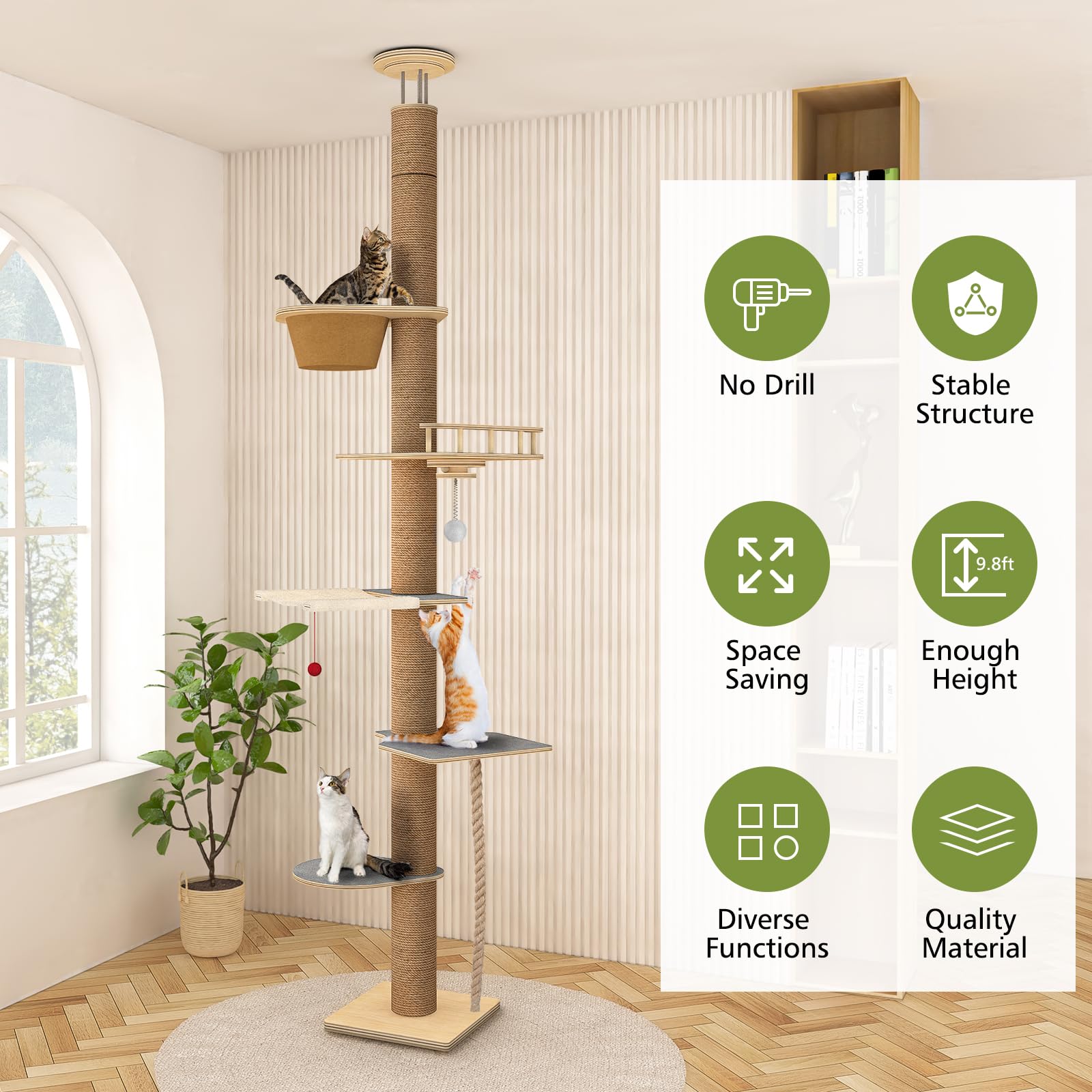 Cat Tree Floor to Ceiling, Cat Tower with Hammock & Perch, Scratching Post