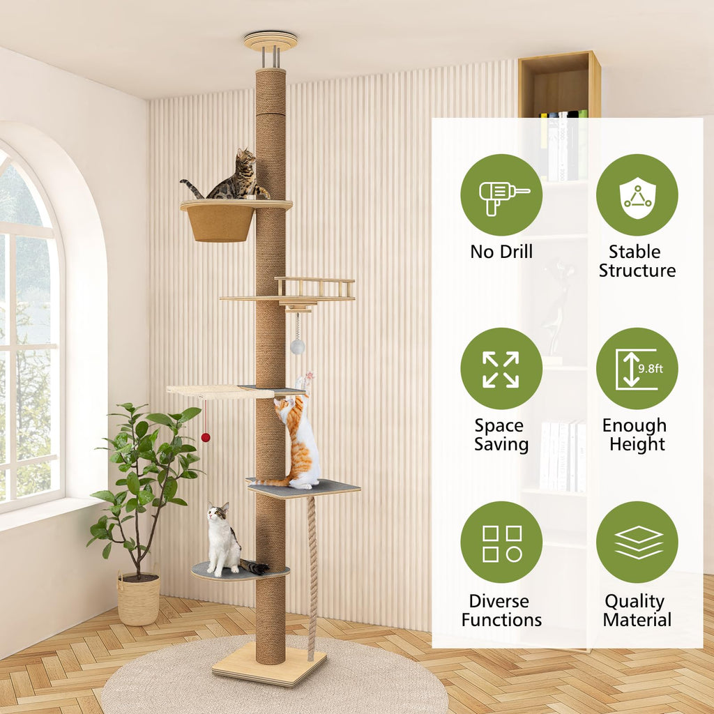 Cat Tree Floor to Ceiling, Cat Tower with Hammock & Perch, Scratching Post
