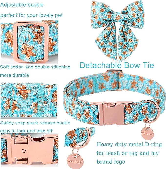 UP URARA PUP Christmas Dog Collar with Bow Tie,Adjustable Gingerbread Pet Collar,Chriatmas Puppy Bowtie Collar for Small Medium Large Dogs,S,Neck 10-16in