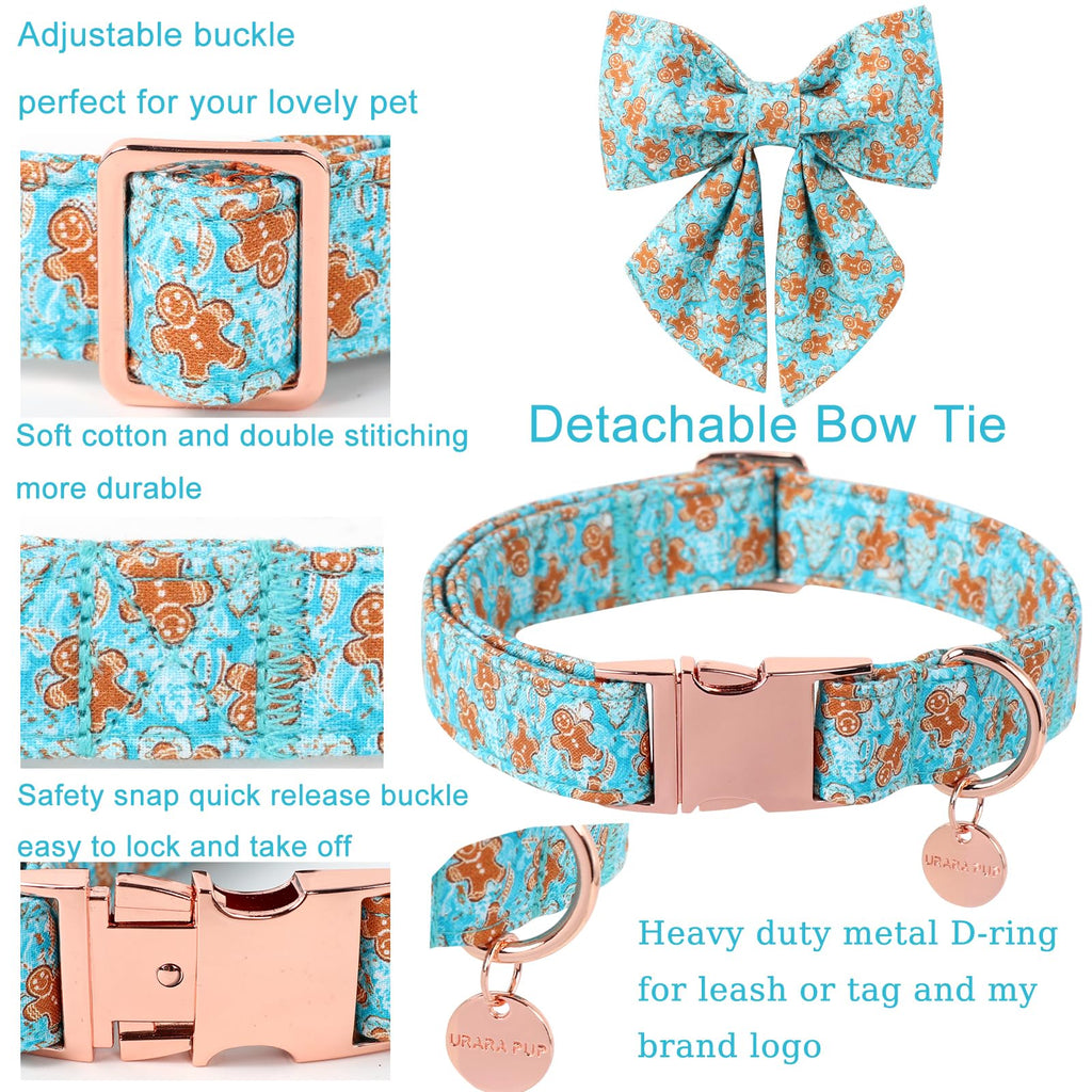 UP URARA PUP Christmas Dog Collar with Bow Tie,Adjustable Gingerbread Pet Collar,Chriatmas Puppy Bowtie Collar for Small Medium Large Dogs,M