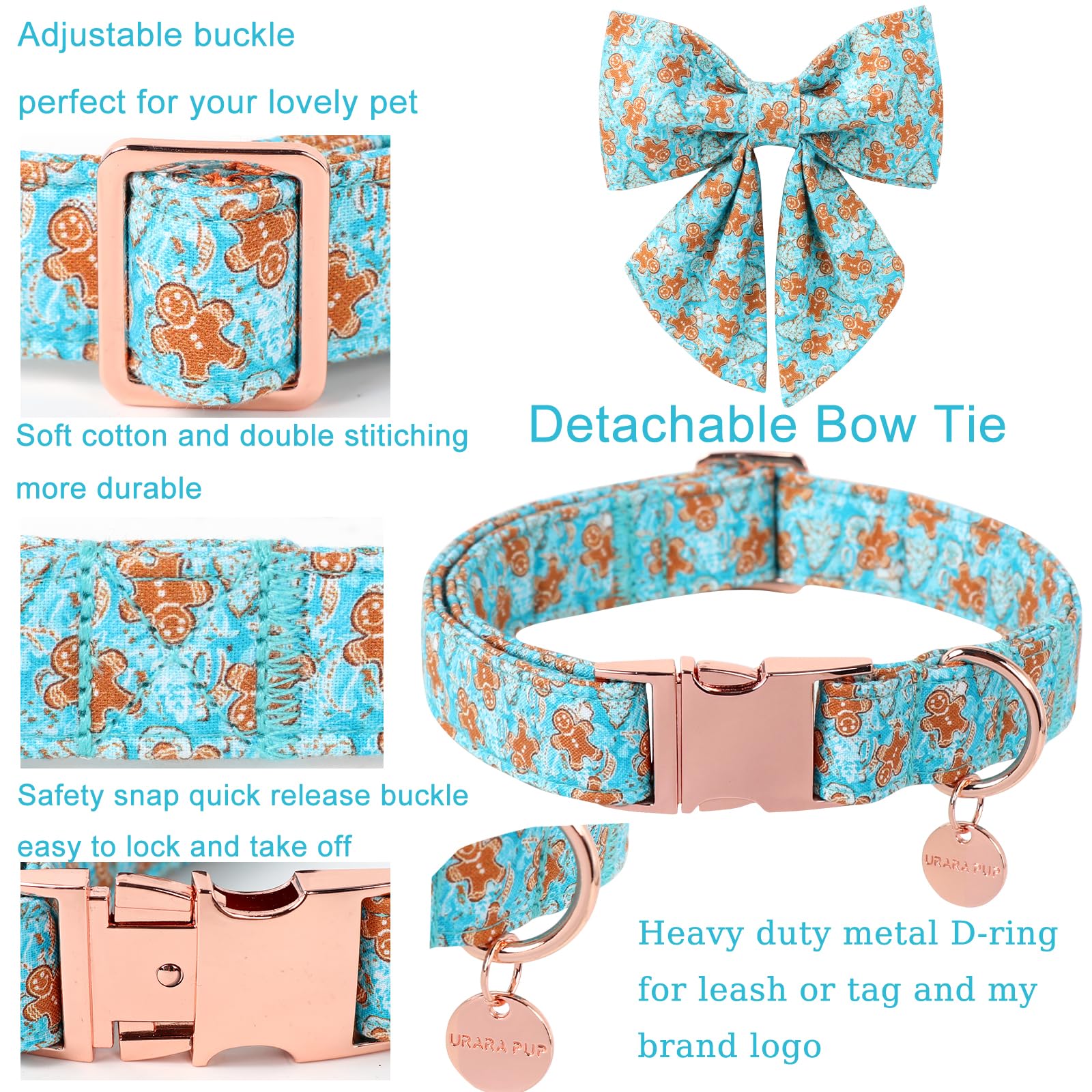 UP URARA PUP Christmas Dog Collar with Bow Tie,Adjustable Gingerbread Pet Collar,Chriatmas Puppy Bowtie Collar for Small Medium Large Dogs,M