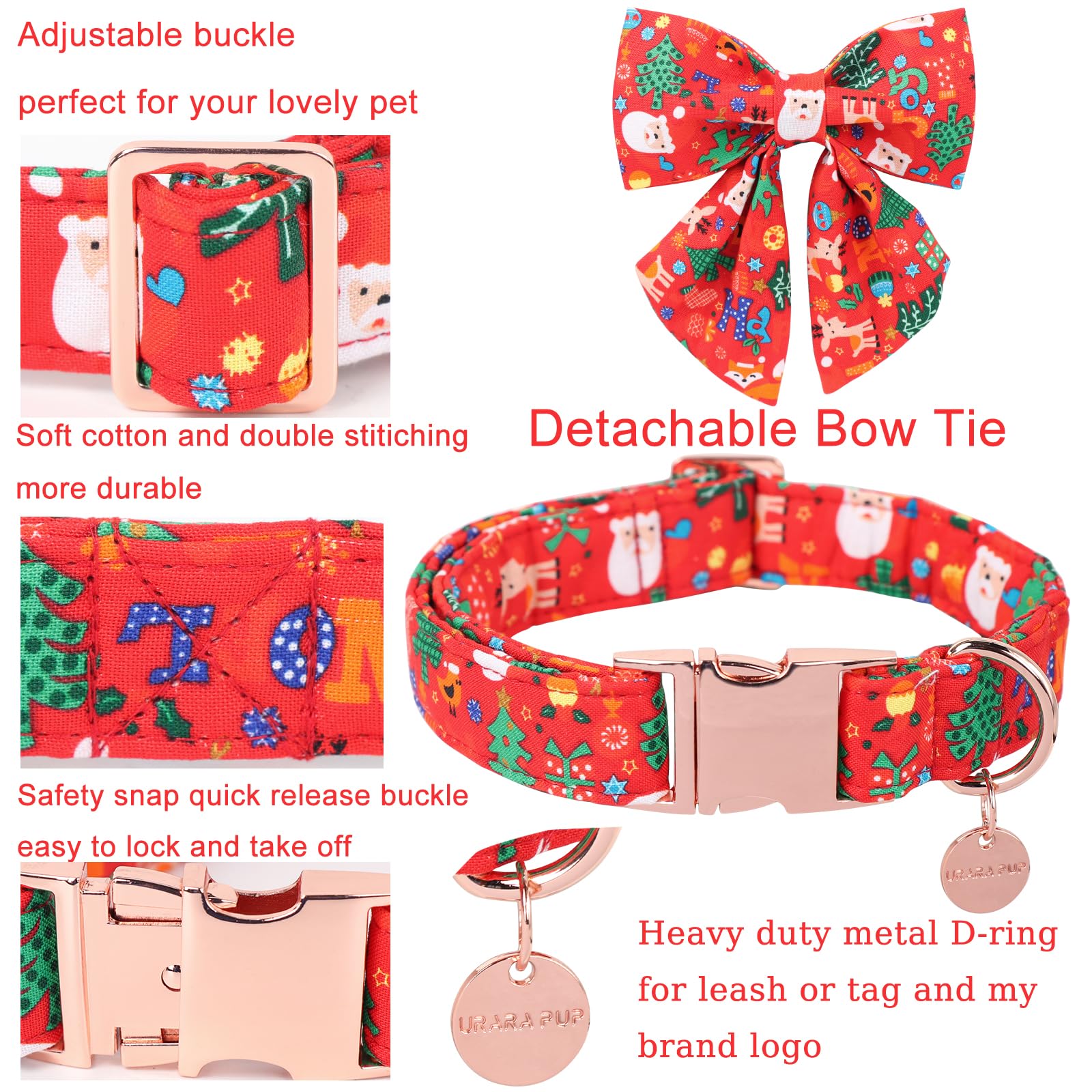UP URARA PUP Christmas Dog Collar with Bow Tie, Christmas Collar for Puppy Girl Boy Dog or Cat, Bowtie Dogs Collars with Durable Metal Buckle, Cute Pet Collars, M