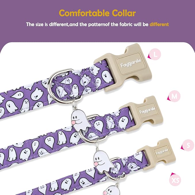 Faygarsle Halloween Dog Collar with Charm, Purple with Ghost Pattern, for Small Medium Large Dogs, S