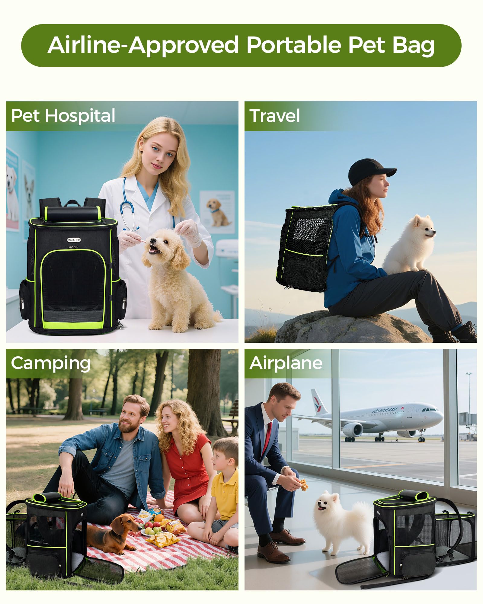 BAGLHER Expandable Cat Carrier Backpacks, Retractable Pet Carrier Backpack for Small Dogs & Cats with Breathable Mesh, Travel Bag Up to 18 Lbs for Hiking Camping Outdoor - Black