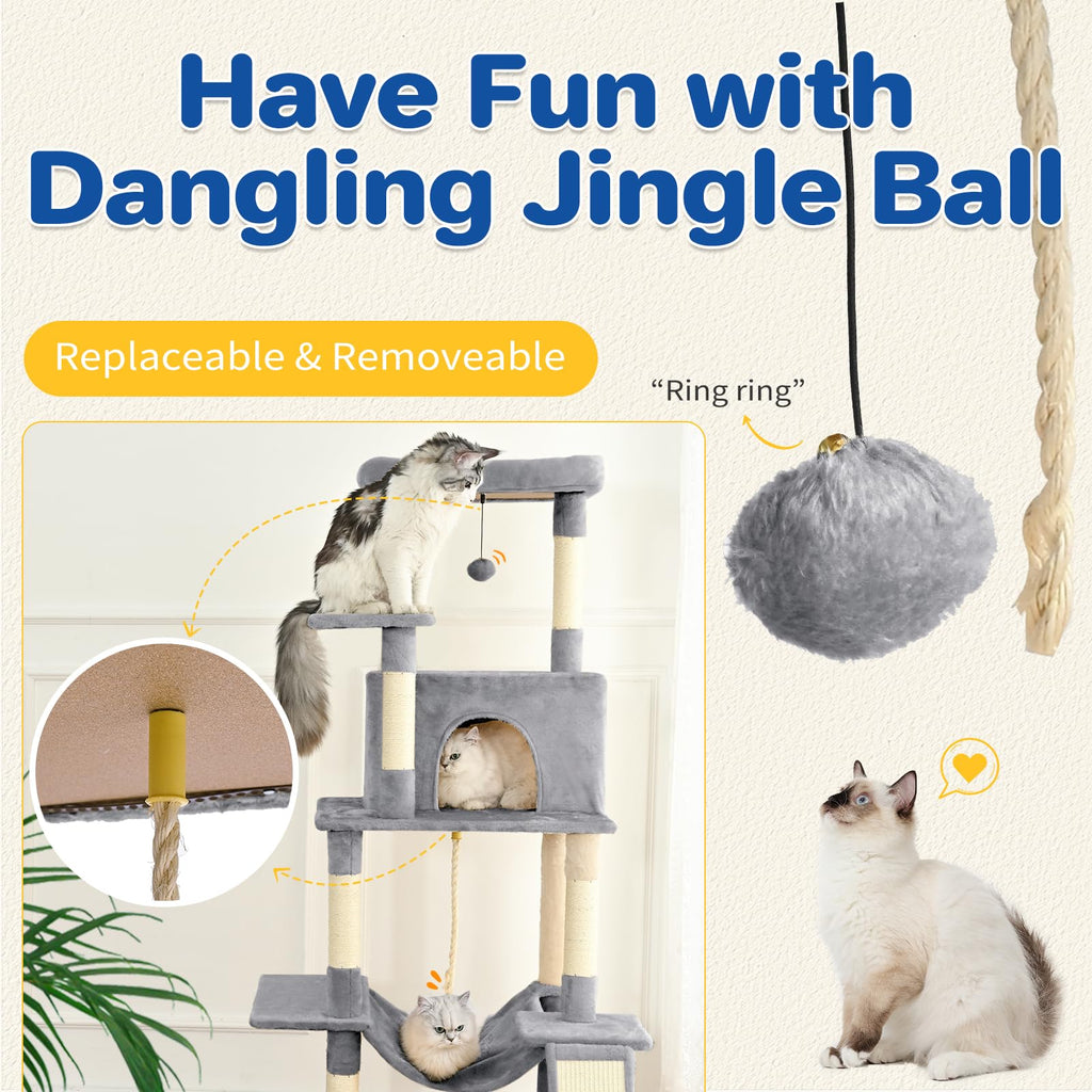 ABCPET 63" Multi-Level Cat Tree Tower for Indoor Cats, Light Grey