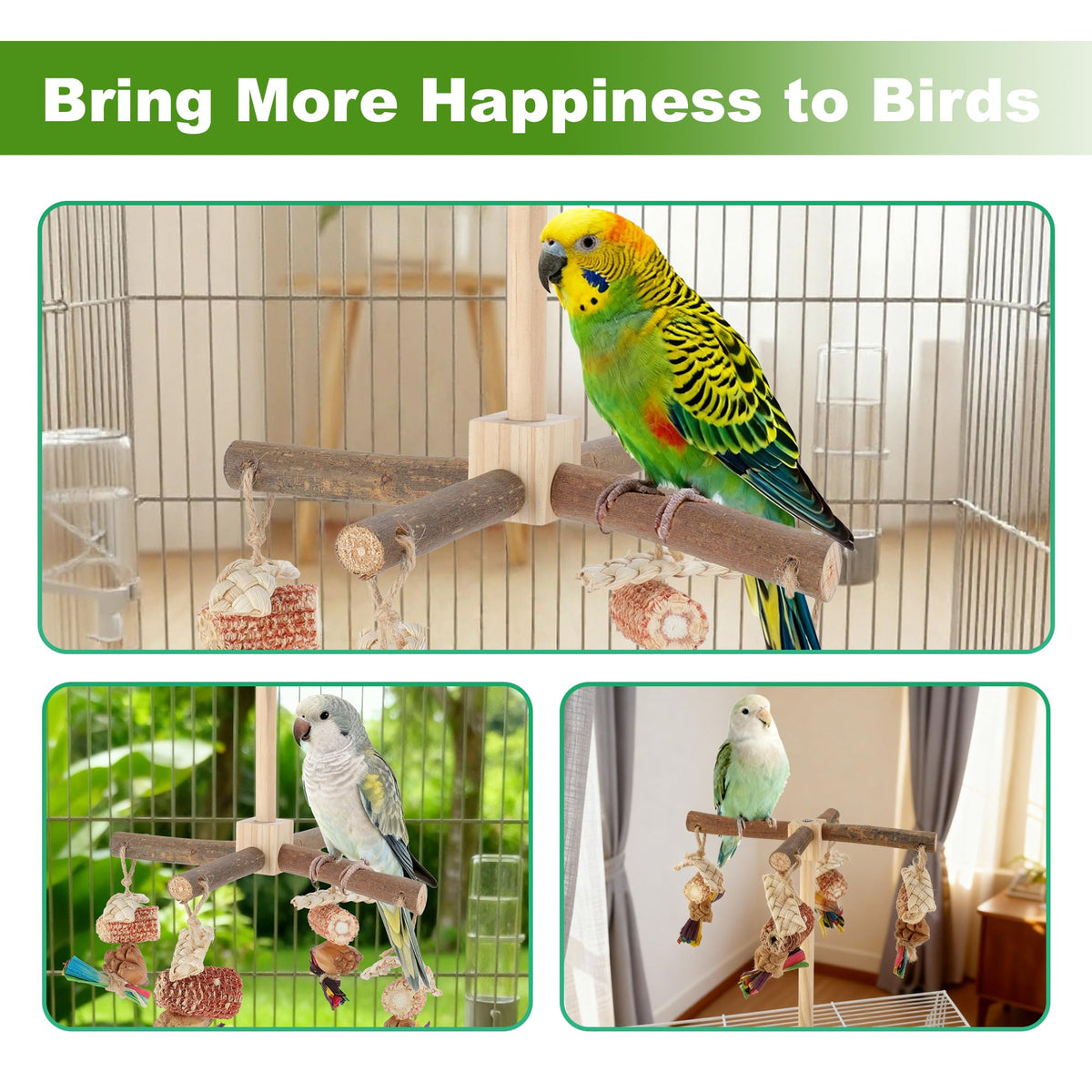 RENEWREVITAL Rotating Bird Perches, Natural Wooden Perch with Chew Toy, Bird Toys for Small & Medium Birds, Large, Natural Wood Color, 1 Set