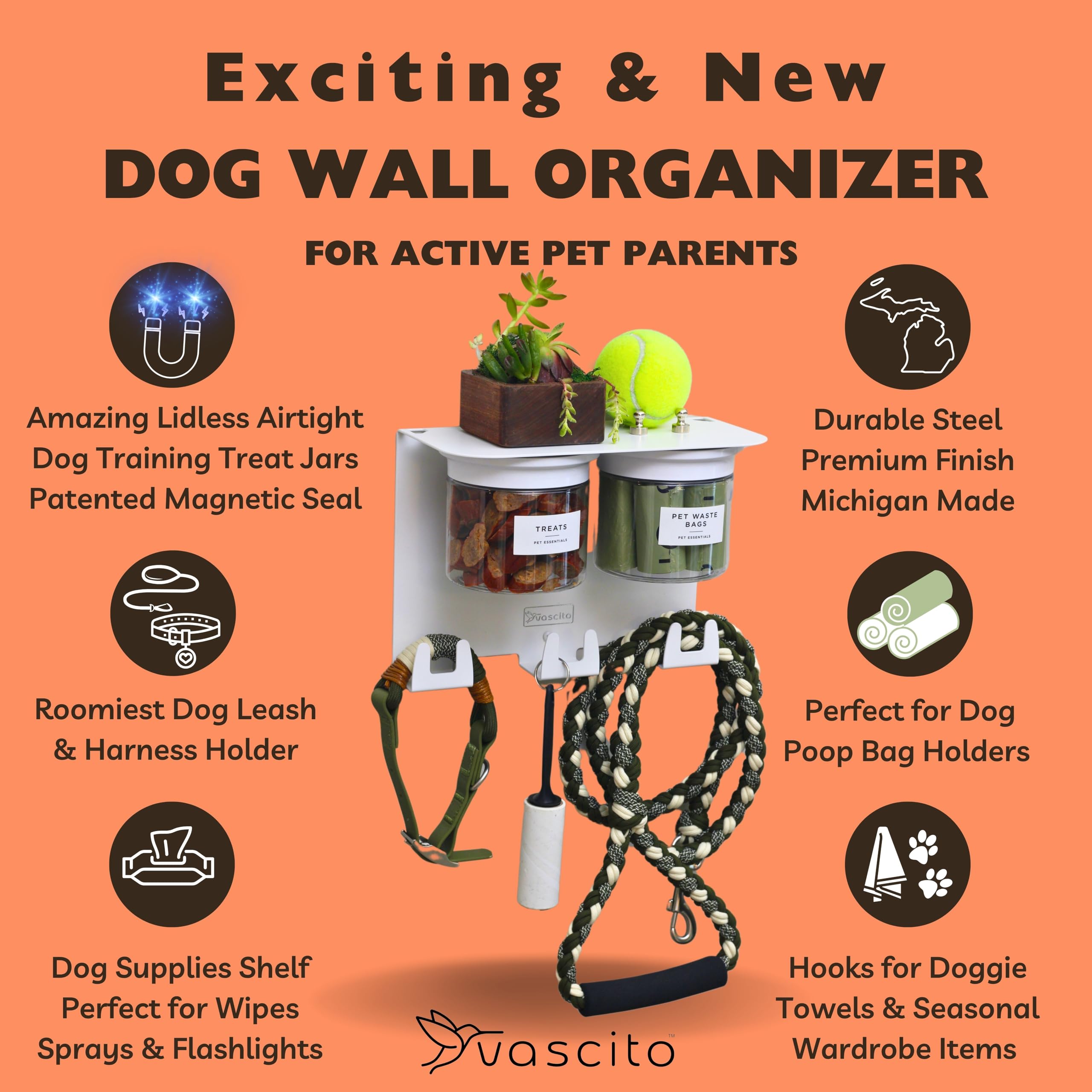 Vascito Dog Treat Holder For Wall Storage For Pets, Premium Pet Wall Organizer, Includes Two 16oz Airtight Dog Treat Jars, 3 Sets of Triple Hooks, Sturdy Shelf in Designer White