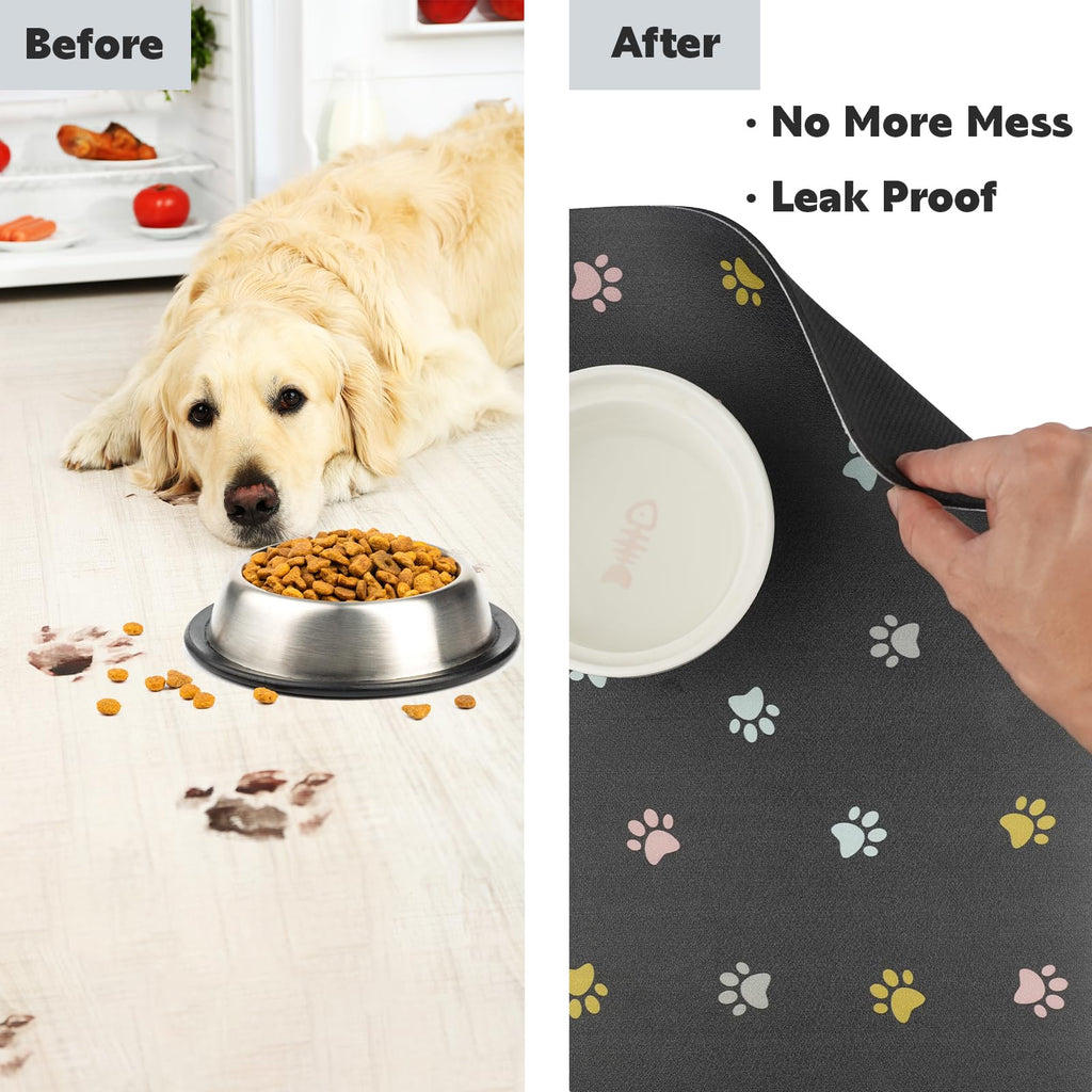 Yetstock Cat Food Mat Absorbent Dog Mat for Food and Water Non Slip Quick Dry Dog Bowl Mats for Floors 24" X 16" Paw Dark Gray