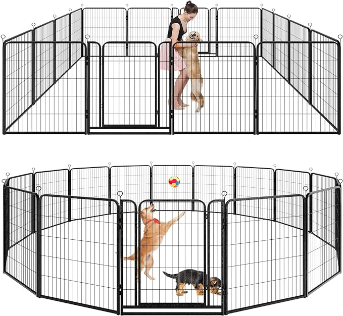 Dog Playpen Outdoor Extra Wide 16 Piece Panels Heavy Duty Dog Fence 40" Height Anti-Rust with Doors Portable for RV Camping Yard, Total 42FT, 140 Sq.ft, Snowy Black