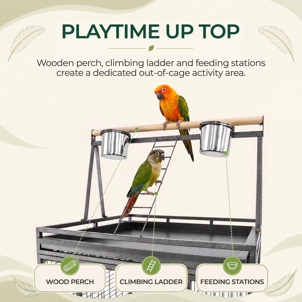 ZENY 68-Inch Birdcage, Playtop Parrot Cage, Wrought Iron Bird Cage with Rolling Stand, Heavy-Duty Pet Bird House for Parrot Cockatiel Cockatoo Parakeet Macaw Finches, Black