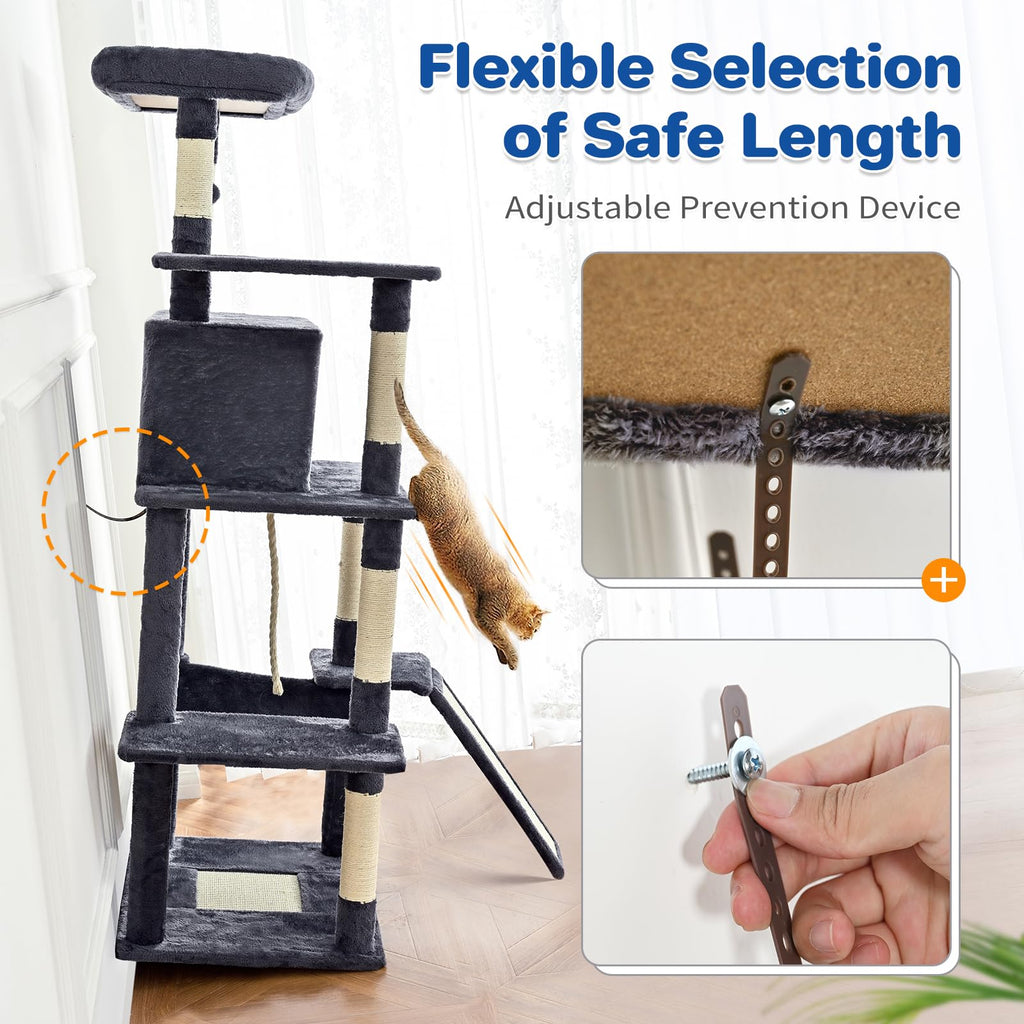 ABCPET 63" Multi-Level Cat Tree Tower for Indoor Cats, Light Grey