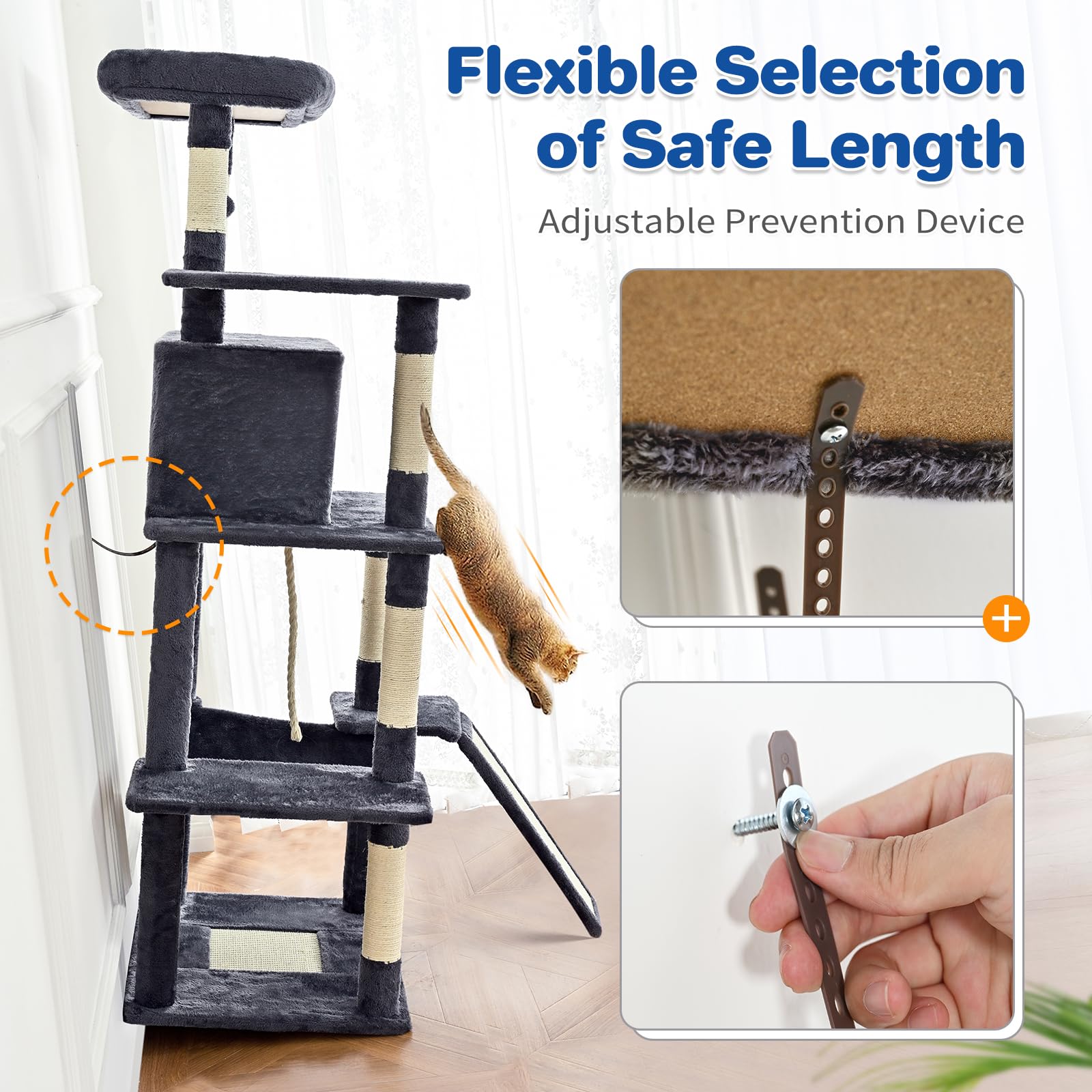 ABCPET 63" Multi-Level Cat Tree Tower for Indoor Cats, Light Grey