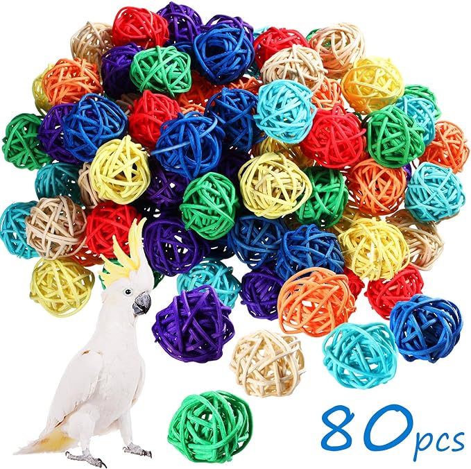 Sumind 80 Pieces Parrot Toy 1.2 Inch Wicker Rattan Balls Wooden Blocks Bird Chewing Toys Mini Wood Chips Pet Parrot Cage Accessories for DIY Playing Chewing Shredding Mixed Bird Toys, Random Color