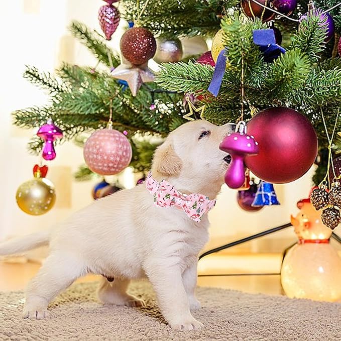 Bobo Rainbow Christmas Dog Collar, Christmas Tree and Snowman Print Cute Winter Holiday Collars Cotton Adjustable Comfortable Pink Dog Collar with Bow,Stylish Collars for Small Girl Dogs
