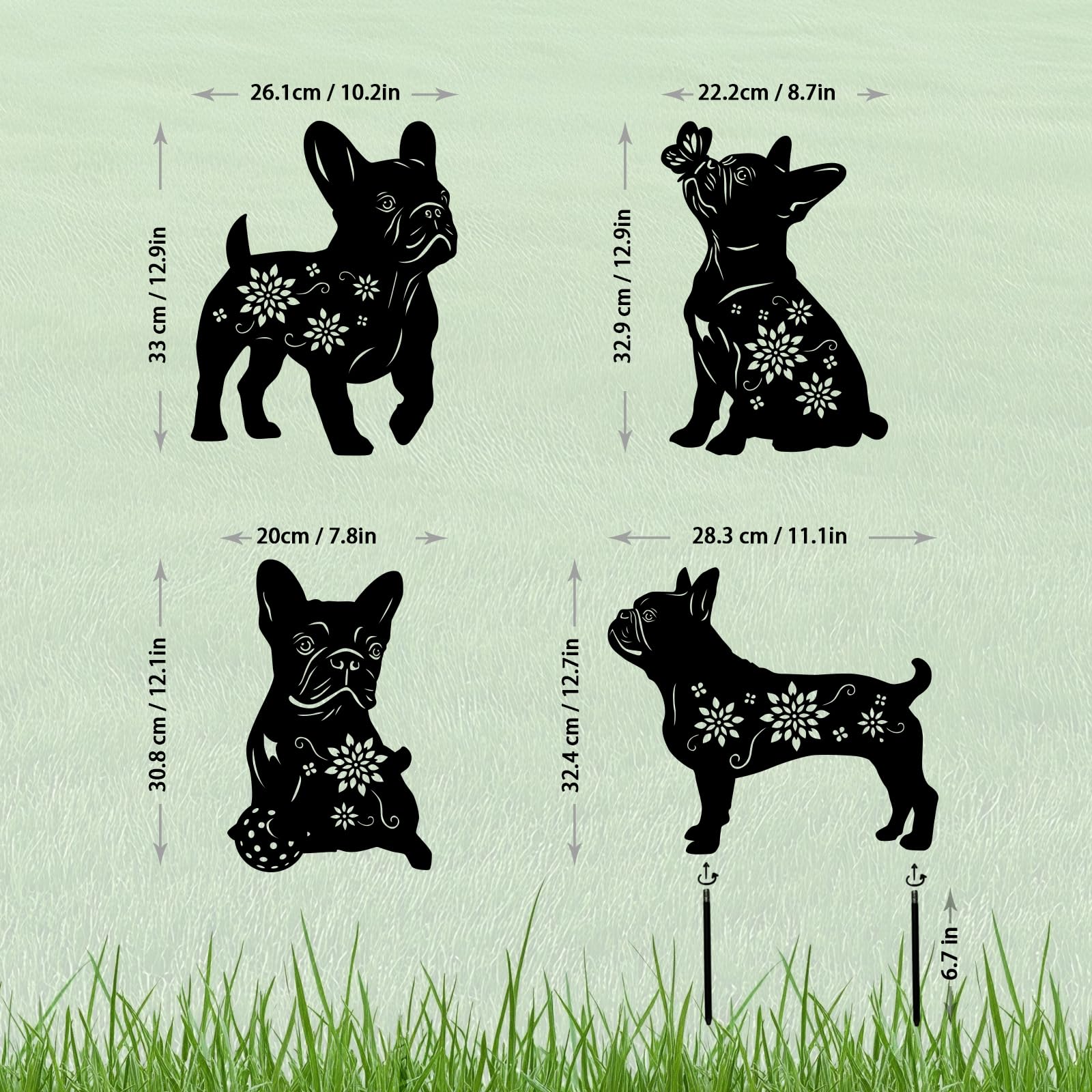 Yonisun 4 Pack Bulldog Metal Garden Decorative Stakes, Weather Proof Puppy Silhouette Statues for Yard, Patio,Outdoor Decor for Bulldog Lovers and Pet Owners