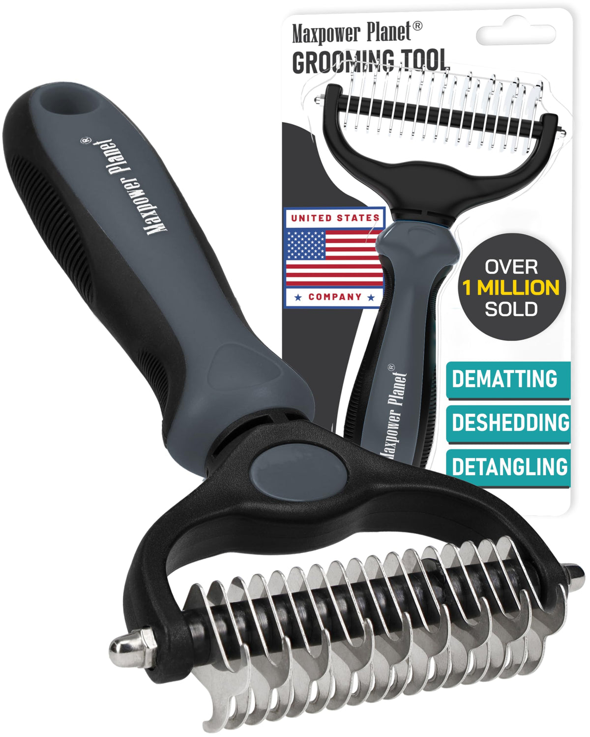 Maxpower Planet Pet Grooming Brush - Double Sided Dematting Undercoat Rake for Dogs and Cats, Extra Wide Pet Brush to Reduce Shedding by 95% (Blue, S)