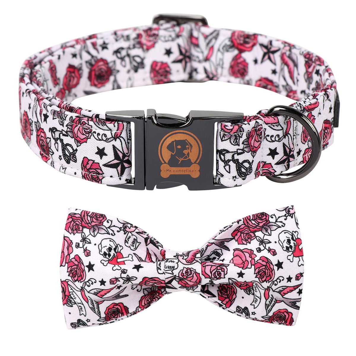 MR. CHUBBYFACE· St.Patrick's Clover Dog Collar with Bowtie, White Green Clovers Shamrock Pet Collar with Metal Buckle, Soft Adjustable Puppy Collar for Small Medium Large Dogs