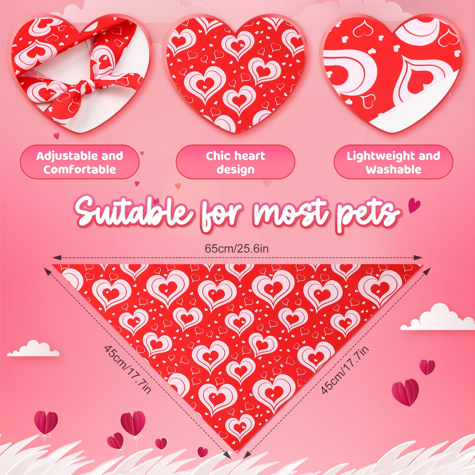 Weewooday 50 Pcs Valentines Dog Bandanas Bulk for Dogs Soft Bibs Adjustable Triangle Pet Bandana for Small Medium Large Costume(Heart Pattern, 25.6 x 17.7 x 17.7 Inch)