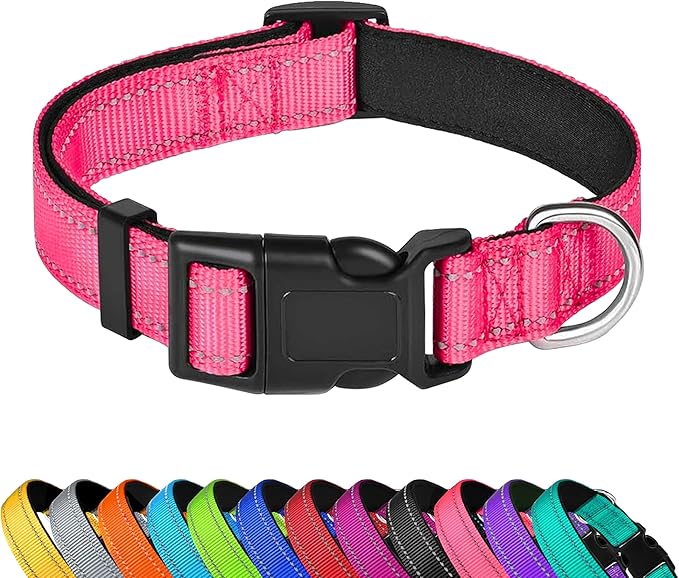 PWOD Reflective Dog Collar, Adjustable Soft Neoprene Padded Nylon Pet Collars with Buckle for Puppy and Small Dogs, Cats, Hotpink,XS