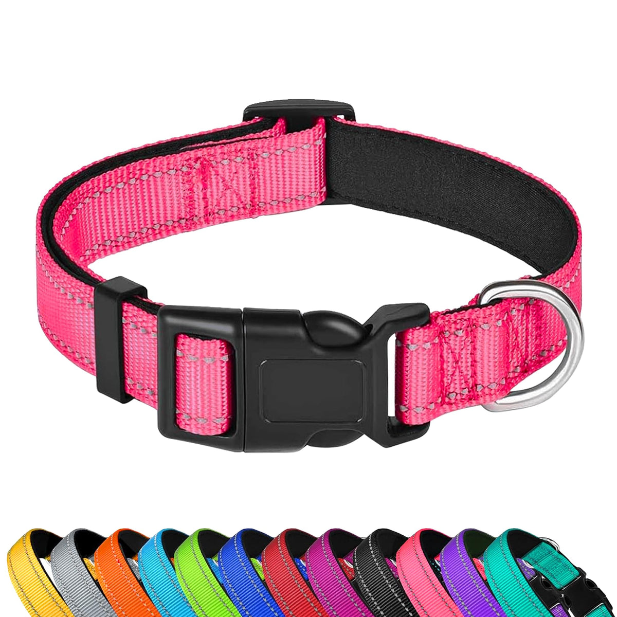 PWOD Reflective Dog Collar, Adjustable Soft Neoprene Padded,Light Pink,S