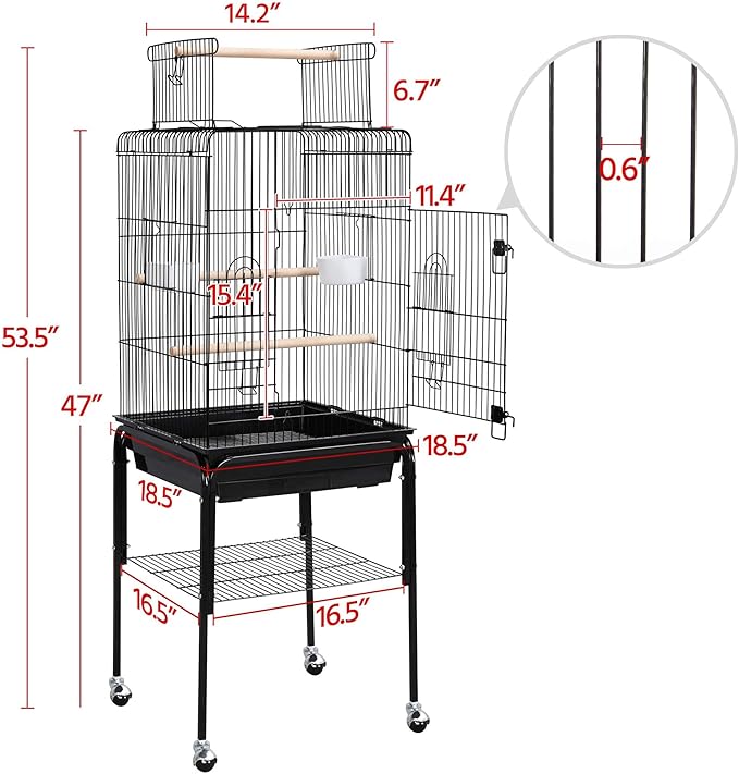 Yaheetech 53.5" Open Top Parrot Bird Cage with Detachable Rolling Stand, Roof Play Flight Cage for Cockatiels, Sun Conures, Green Cheek Conures & Small to Medium Parrots