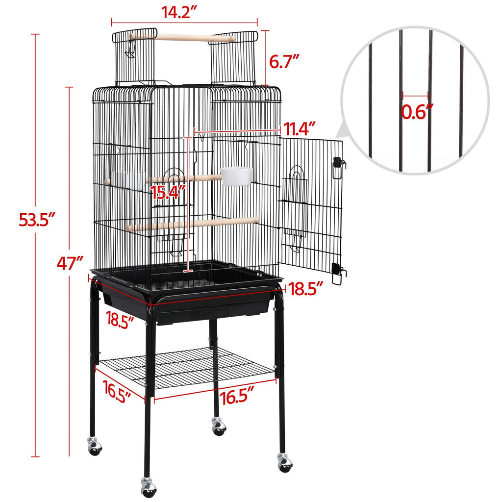 Yaheetech 53.5" Open Top Parrot Bird Cage with Detachable Rolling Stand, Roof Play Flight Cage for Cockatiels, Sun Conures, Green Cheek Conures & Small to Medium Parrots