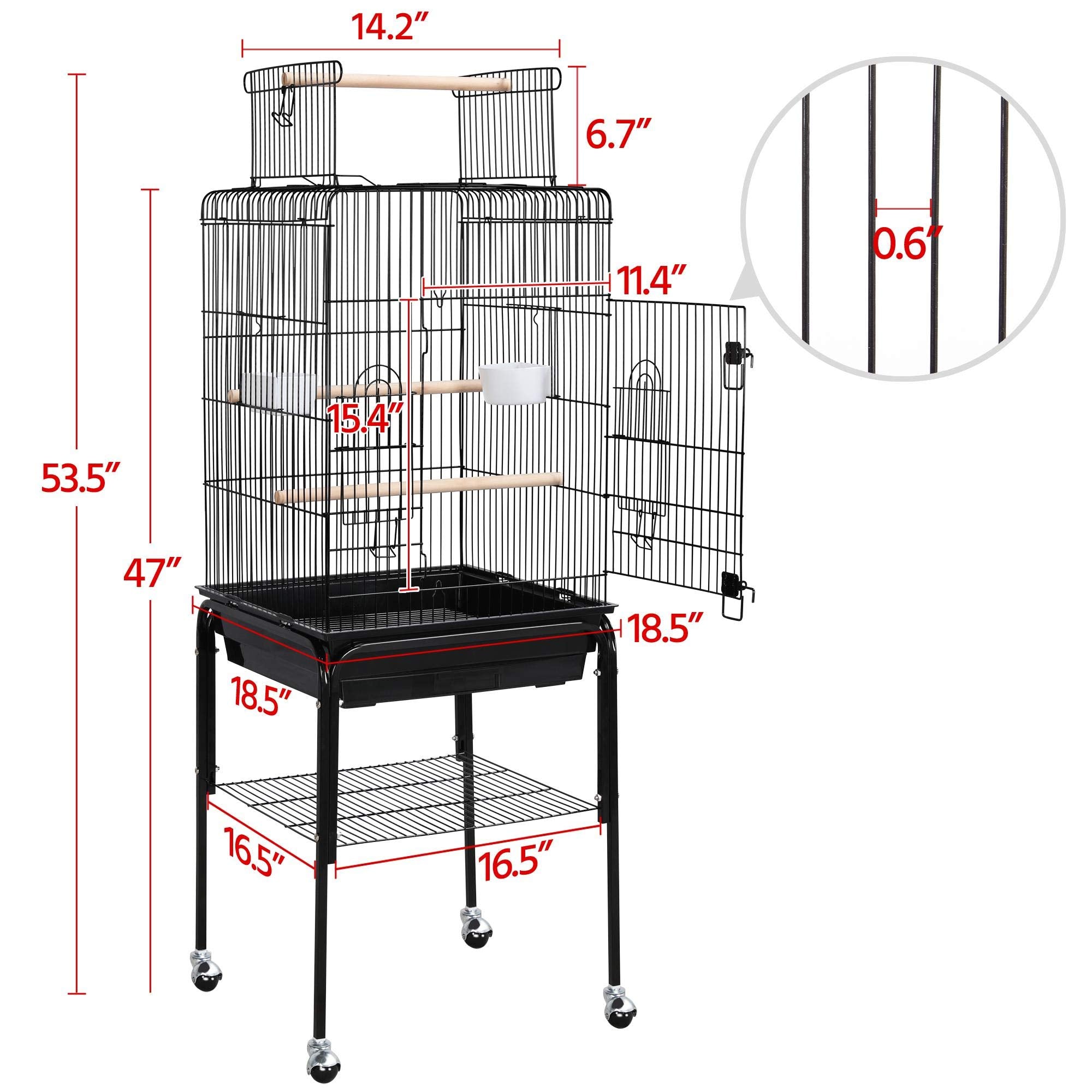 Yaheetech 53.5" Open Top Parrot Bird Cage with Detachable Rolling Stand, Roof Play Flight Cage for Cockatiels, Sun Conures, Green Cheek Conures & Small to Medium Parrots