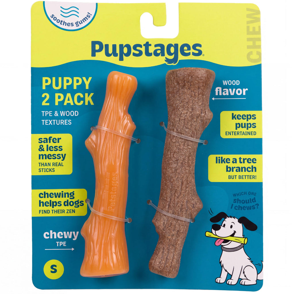 Pupstages Dogwood Puppy Dog Chew Toys, USA Made Materials, 2-Pack, 5.3"