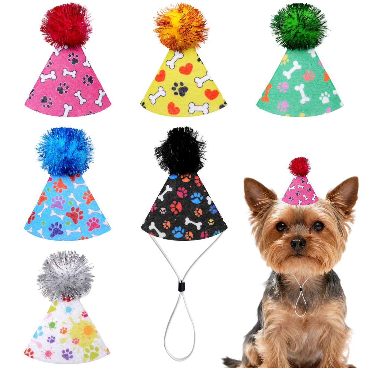 JpGdn 6PCS Dog Birthday Party Hats Felt for Small Medium Dogs Paw Bone