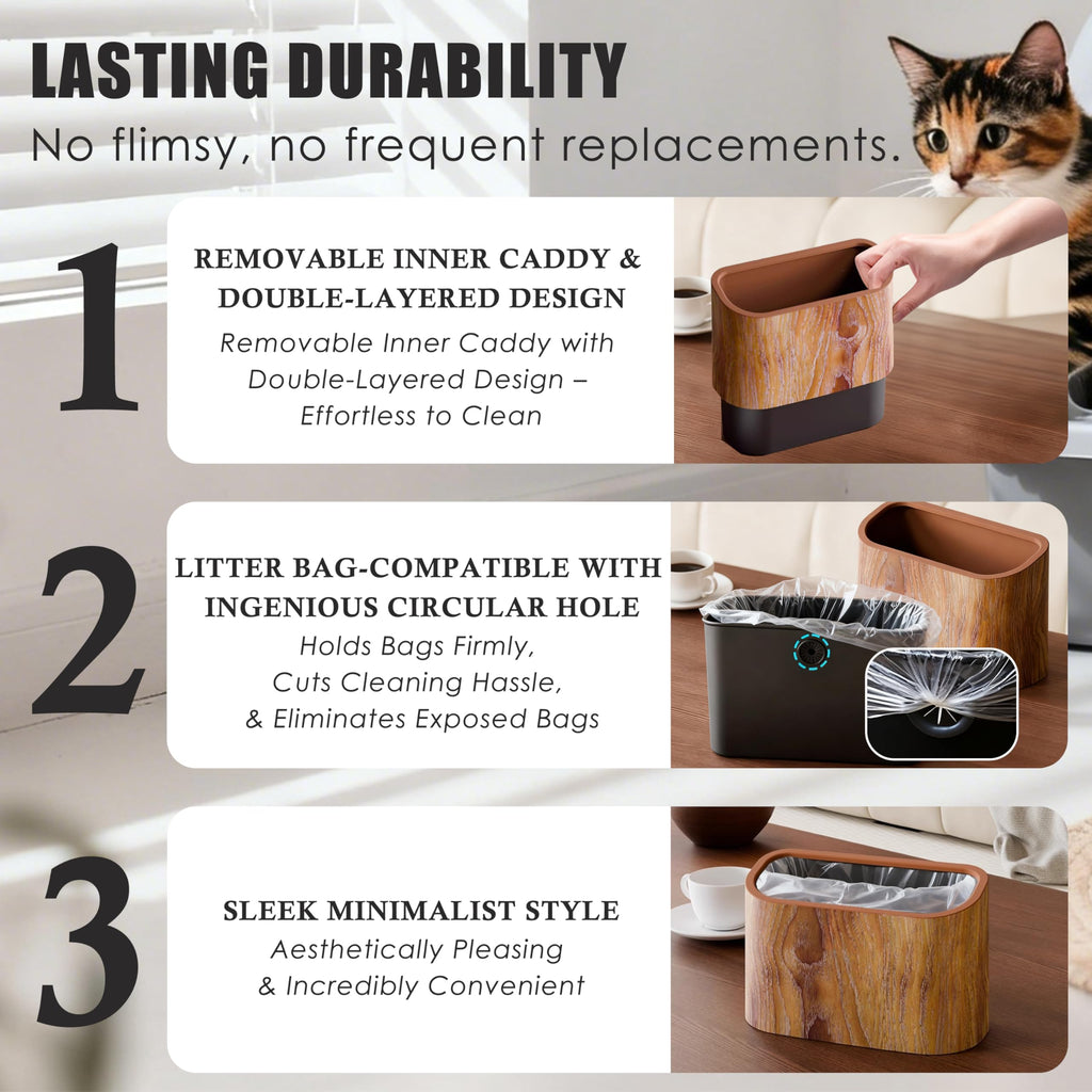 Ayipaqen Cat Litter Scoop Holder – Wood-Grain Dual-Open Scoop Caddy with Bag-Lock Hole, Wide-Mouth Double-Layer Inner Bucket, Mini Desktop Trash Bin for Pet Scoops & Accessories
